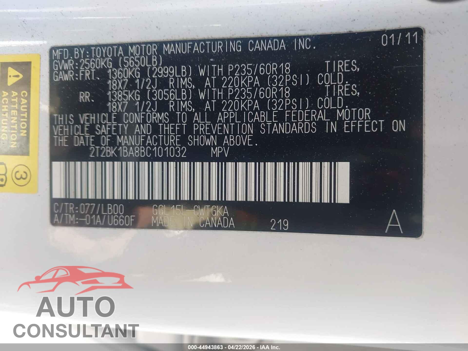 LEXUS RX 350 2011 - 2T2BK1BA8BC101032