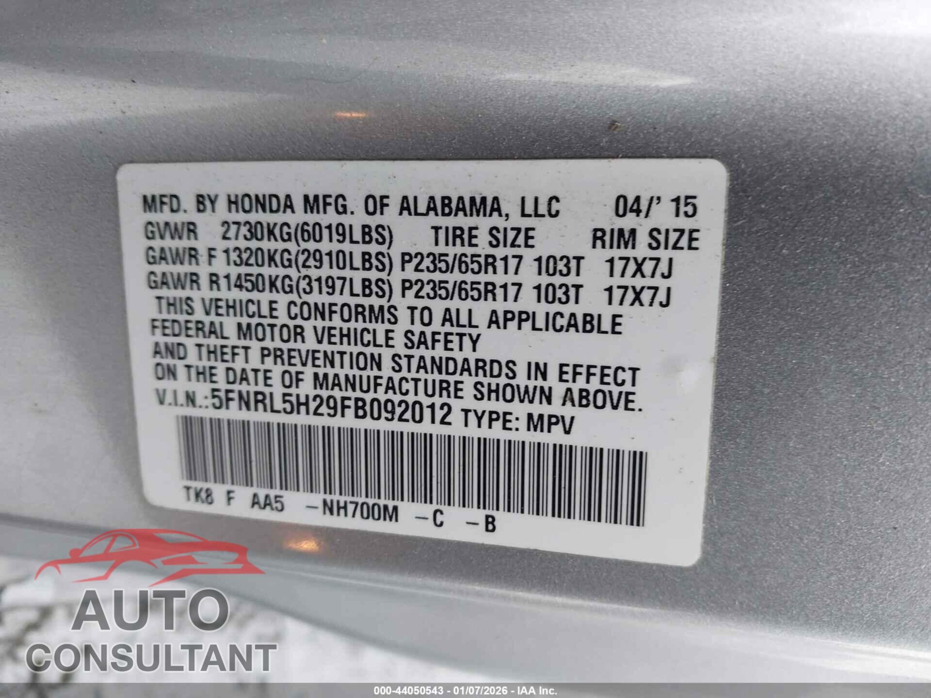 HONDA ODYSSEY 2015 - 5FNRL5H29FB092012