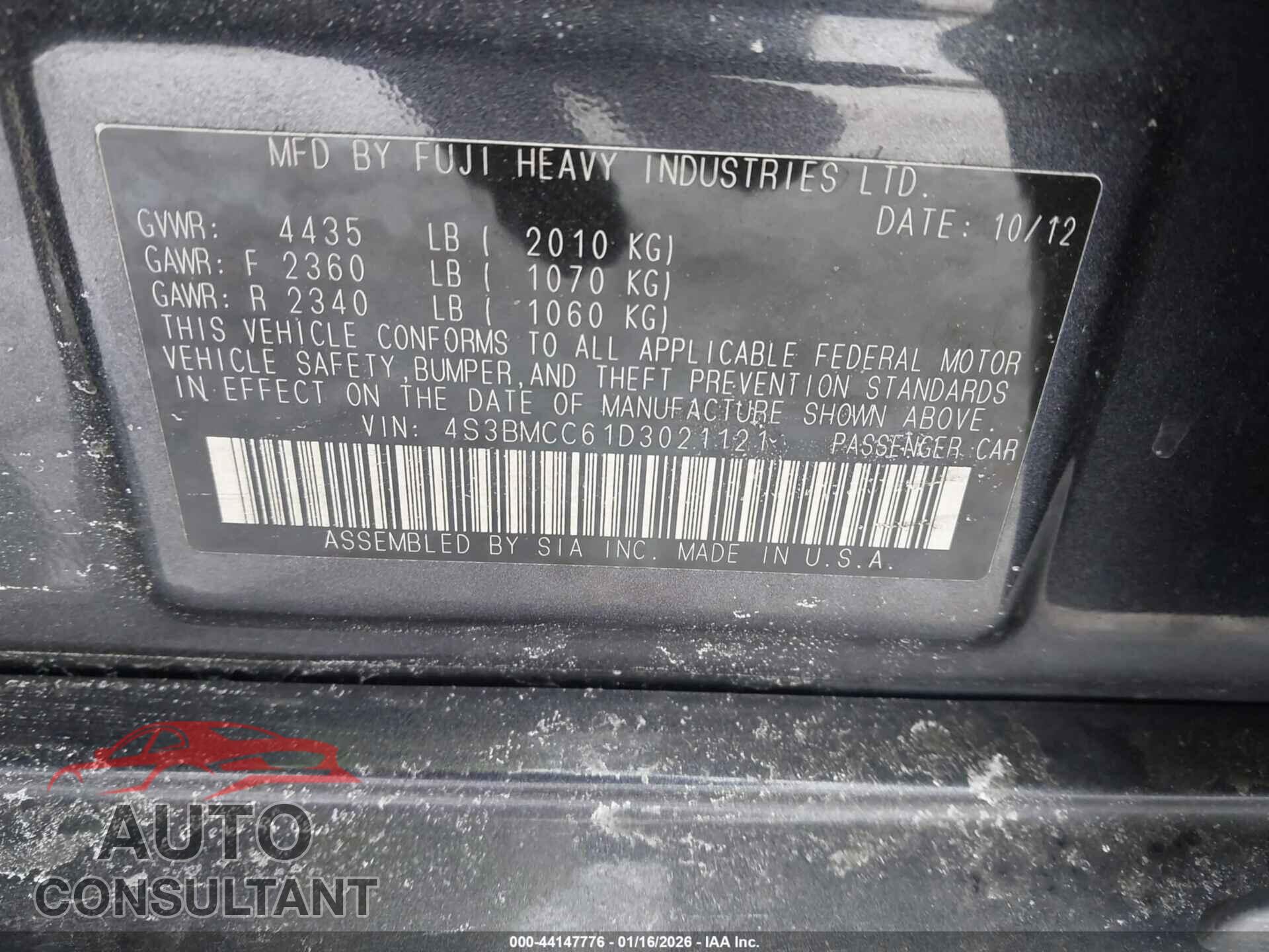 SUBARU LEGACY 2013 - 4S3BMCC61D3021121
