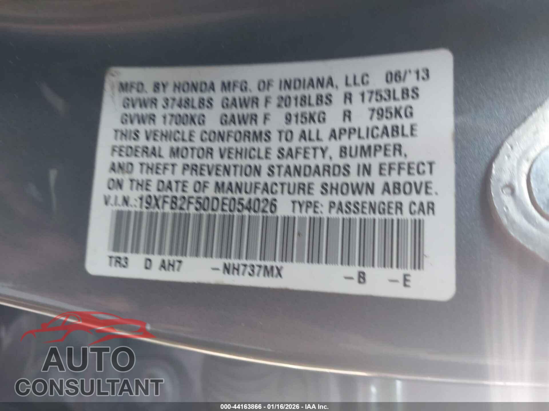 HONDA CIVIC 2013 - 19XFB2F50DE054026