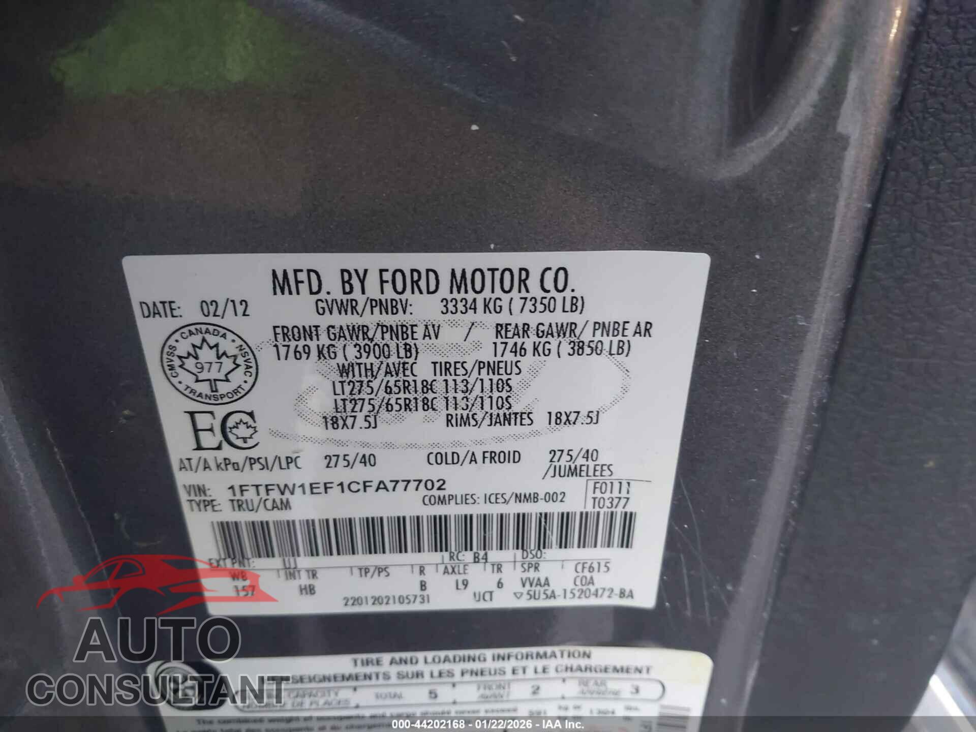 FORD F-150 2012 - 1FTFW1EF1CFA77702
