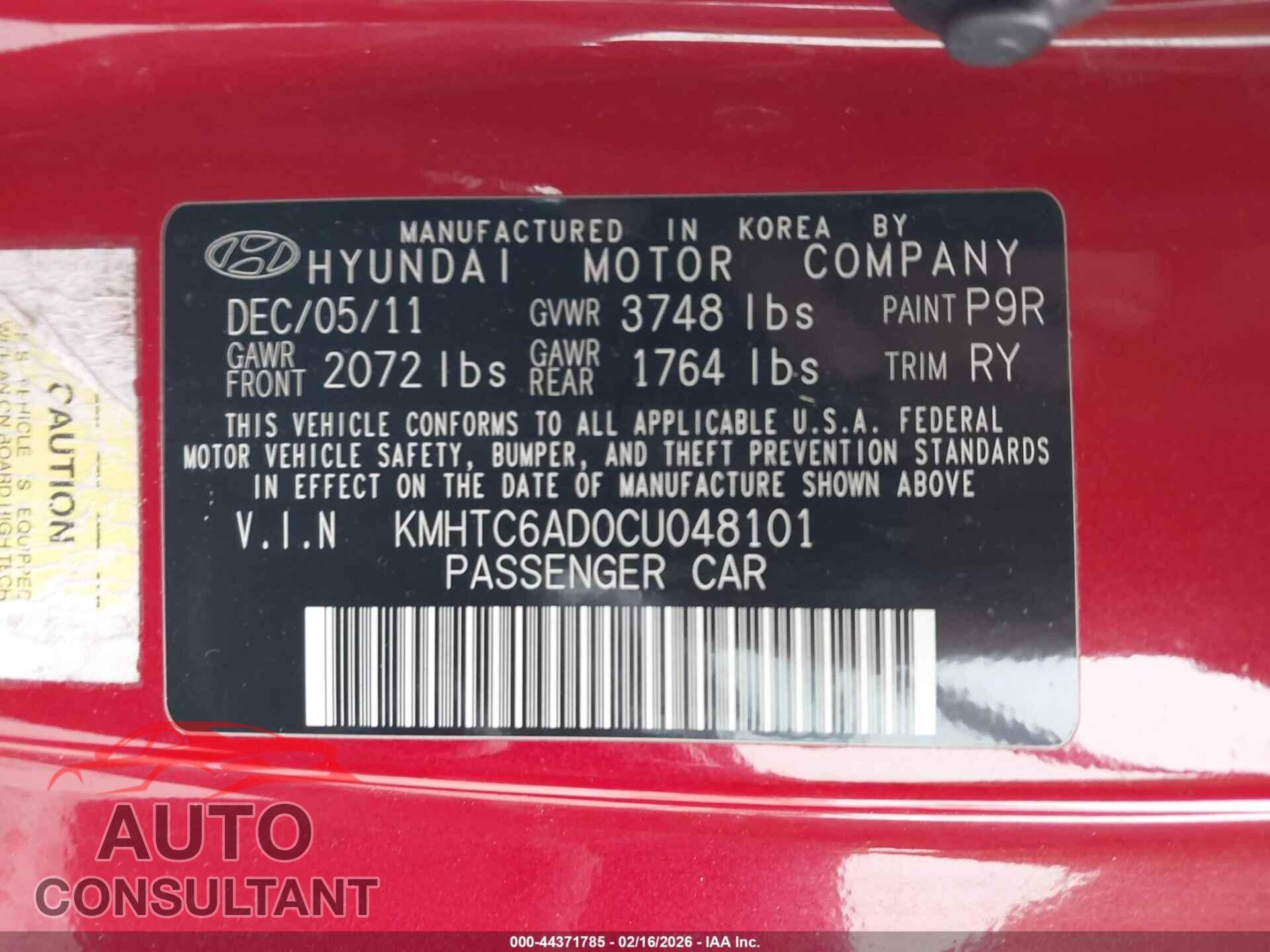 HYUNDAI VELOSTER 2012 - KMHTC6AD0CU048101