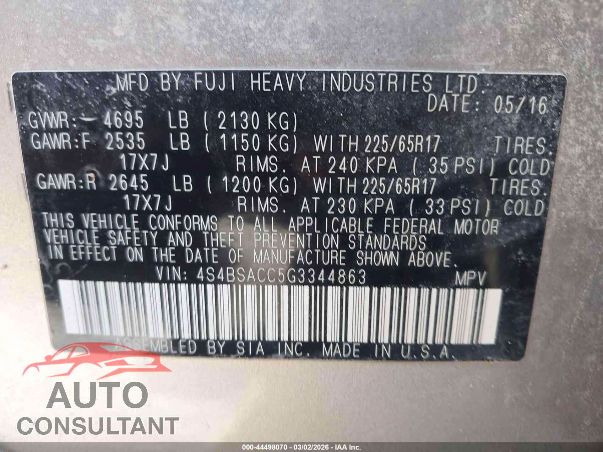 SUBARU OUTBACK 2016 - 4S4BSACC5G3344863