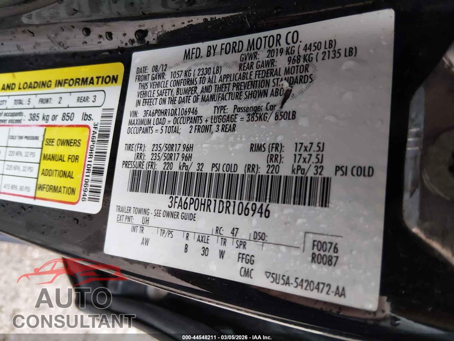 FORD FUSION 2013 - 3FA6P0HR1DR106946