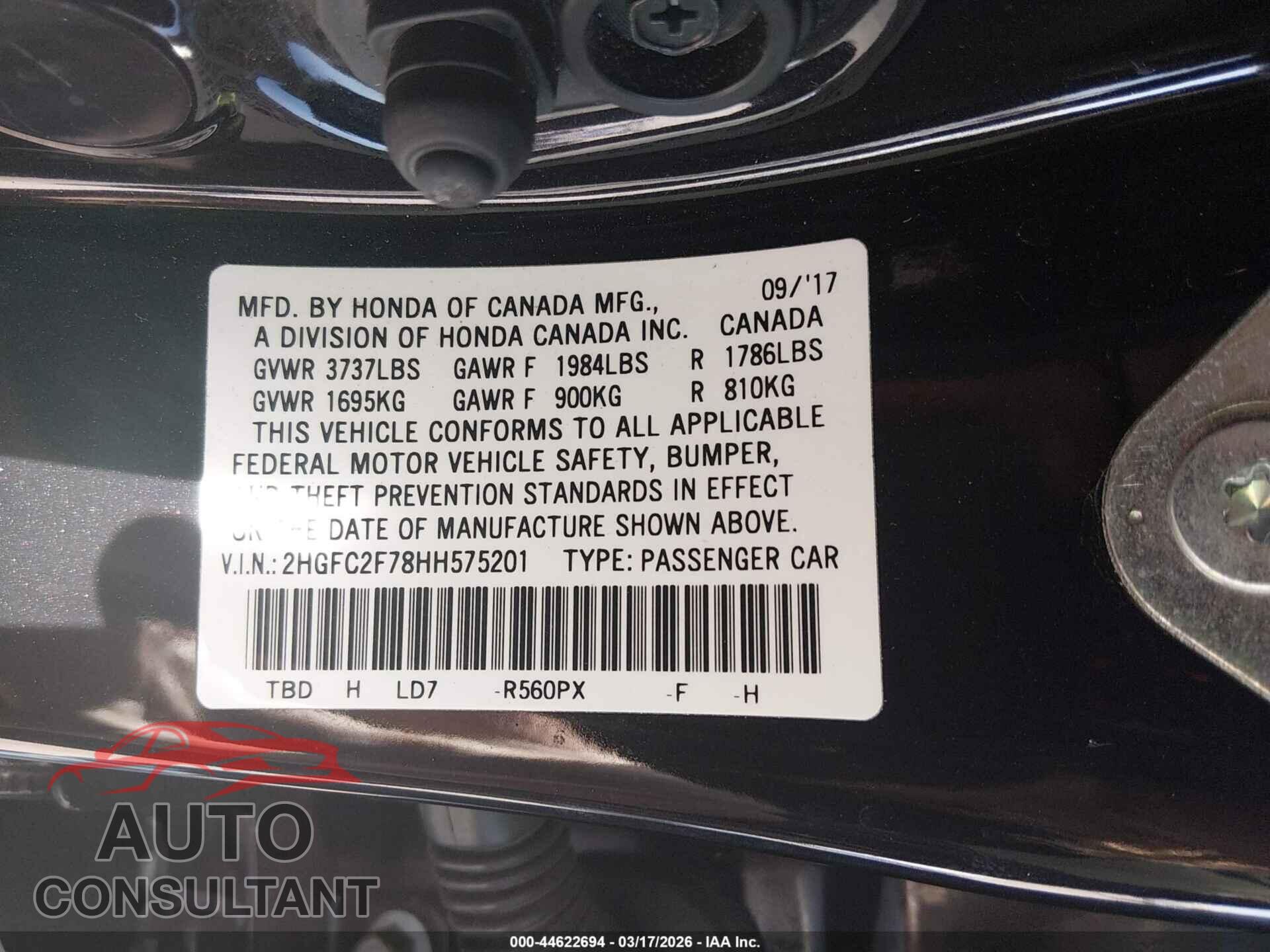 HONDA CIVIC 2017 - 2HGFC2F78HH575201
