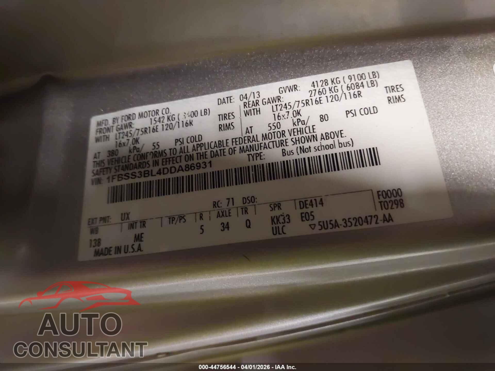 FORD E-350 SUPER DUTY 2013 - 1FBSS3BL4DDA86931