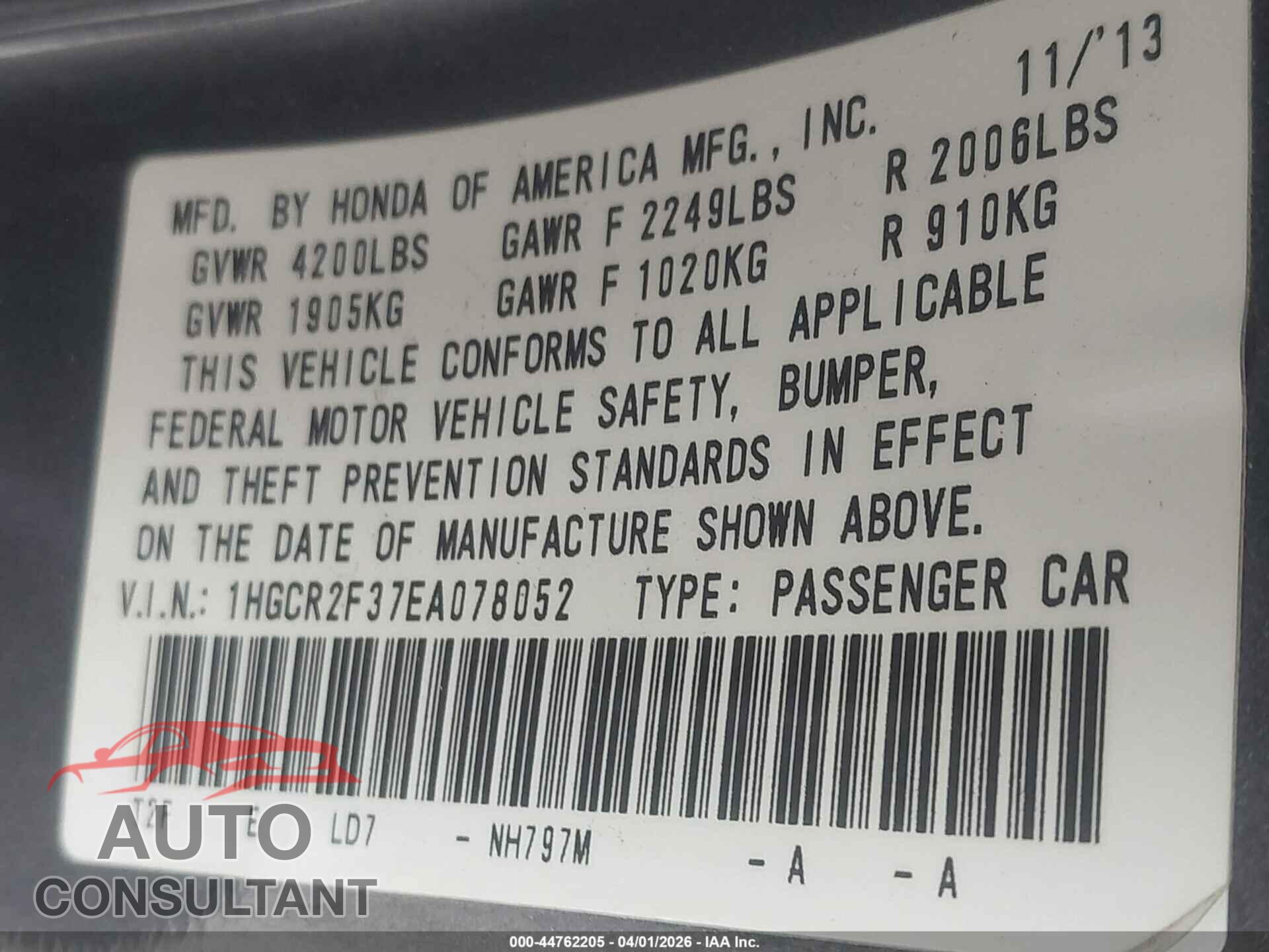 HONDA ACCORD 2014 - 1HGCR2F37EA078052