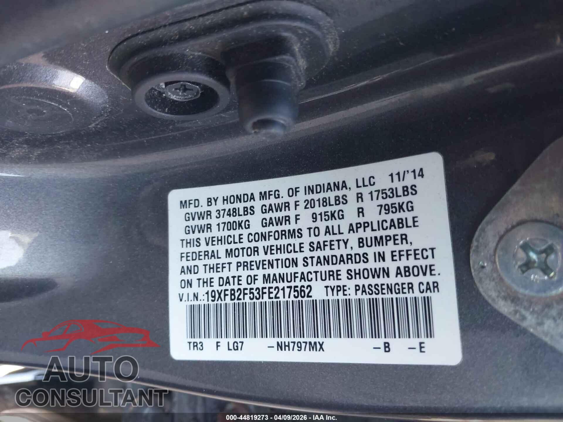 HONDA CIVIC 2015 - 19XFB2F53FE217562