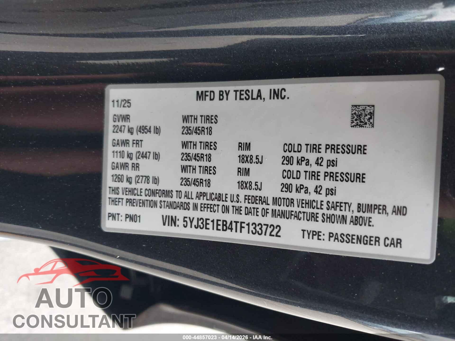 TESLA MODEL 3 2026 - 5YJ3E1EB4TF133722