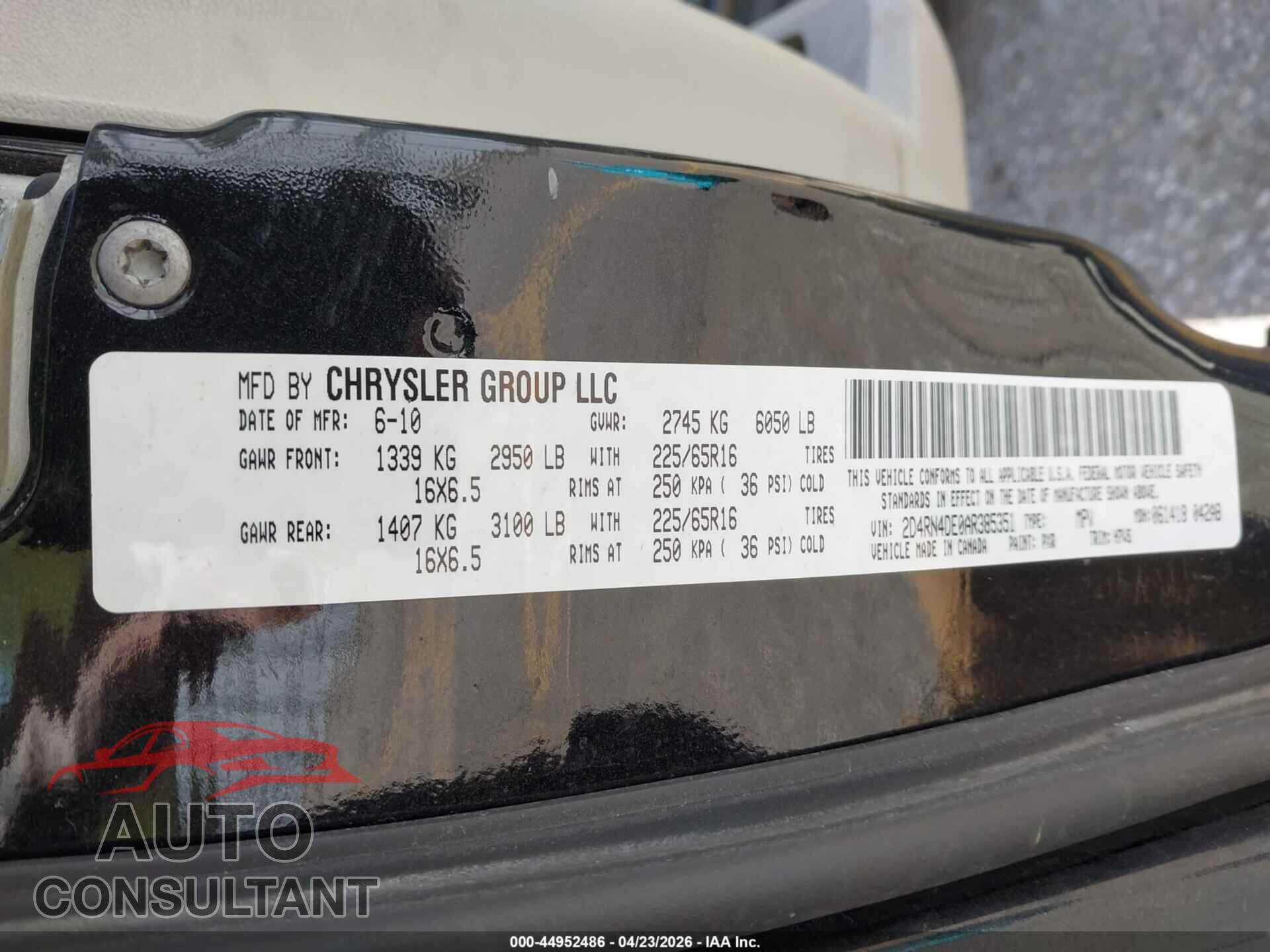 DODGE GRAND CARAVAN 2010 - 2D4RN4DE0AR385351