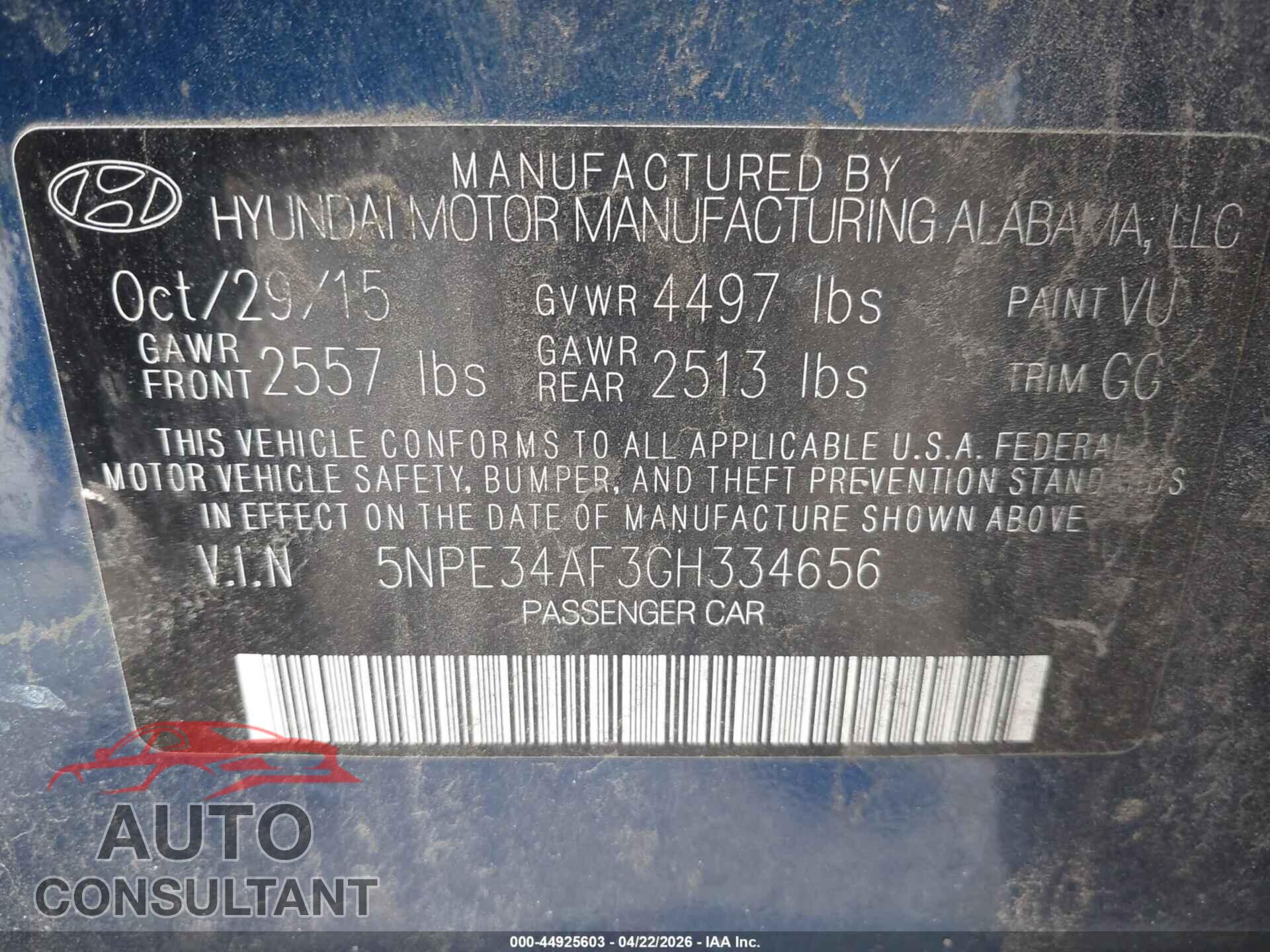 HYUNDAI SONATA 2016 - 5NPE34AF3GH334656