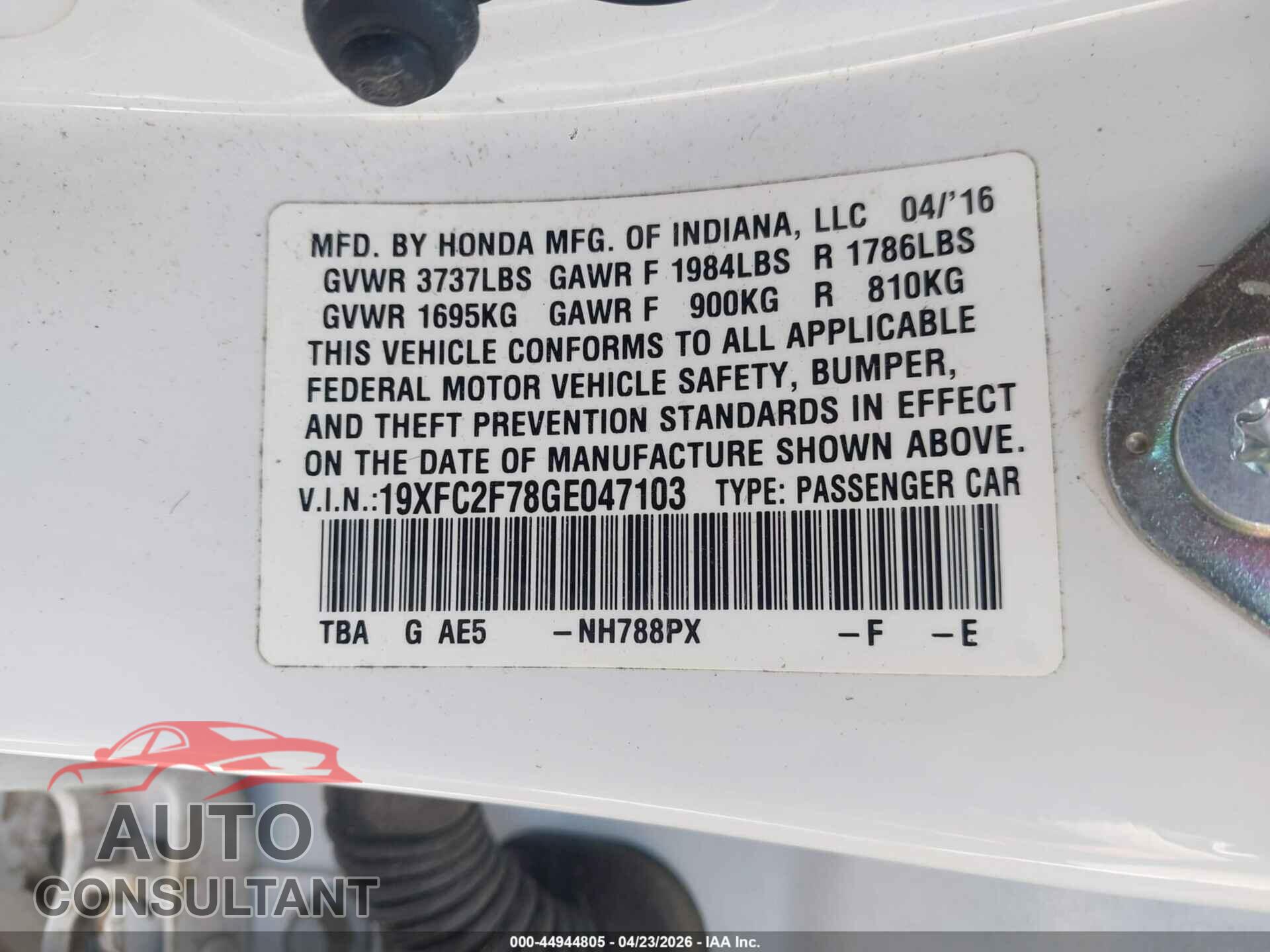 HONDA CIVIC 2016 - 19XFC2F78GE047103