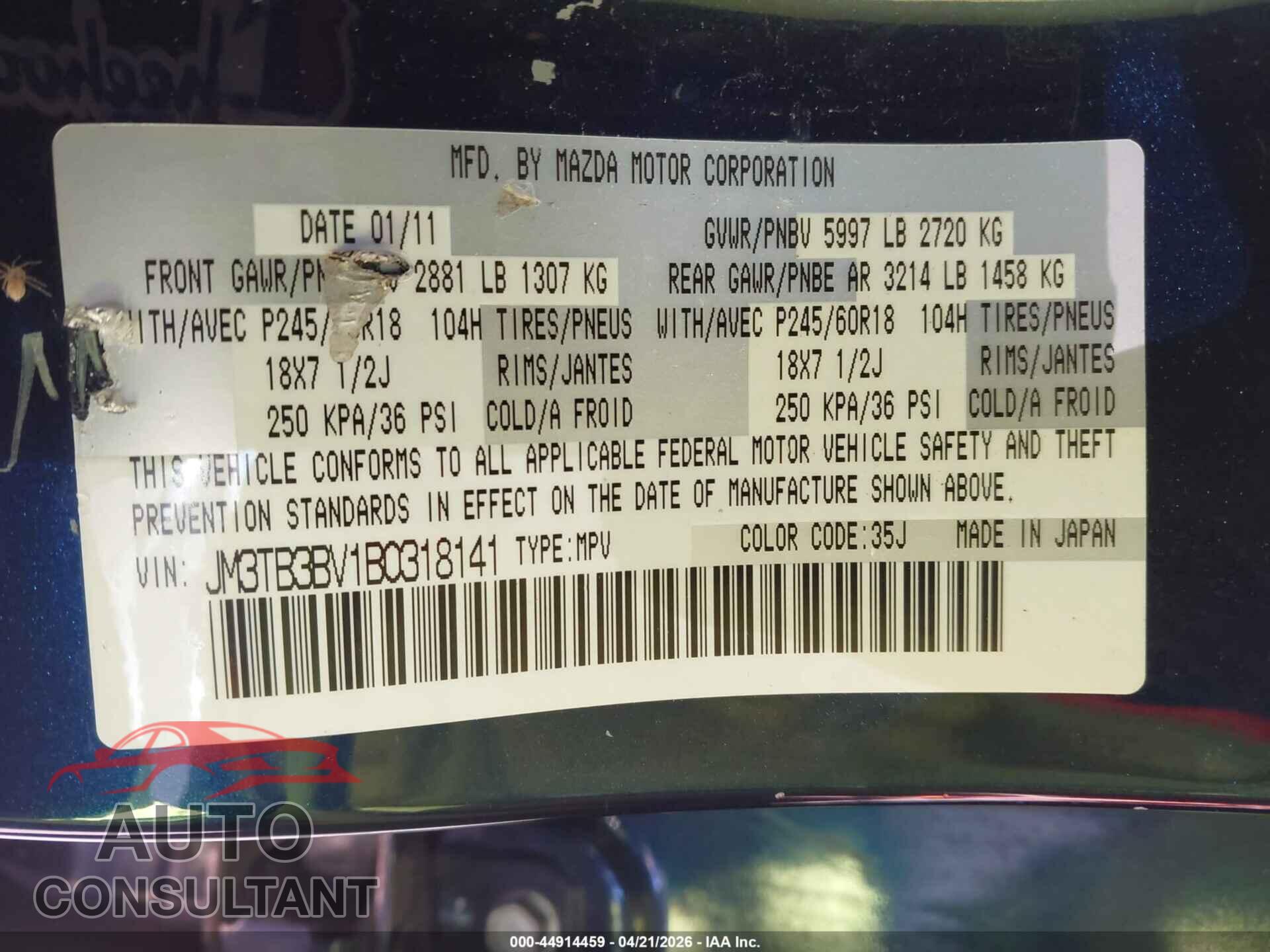 MAZDA CX-9 2011 - JM3TB3BV1B0318141
