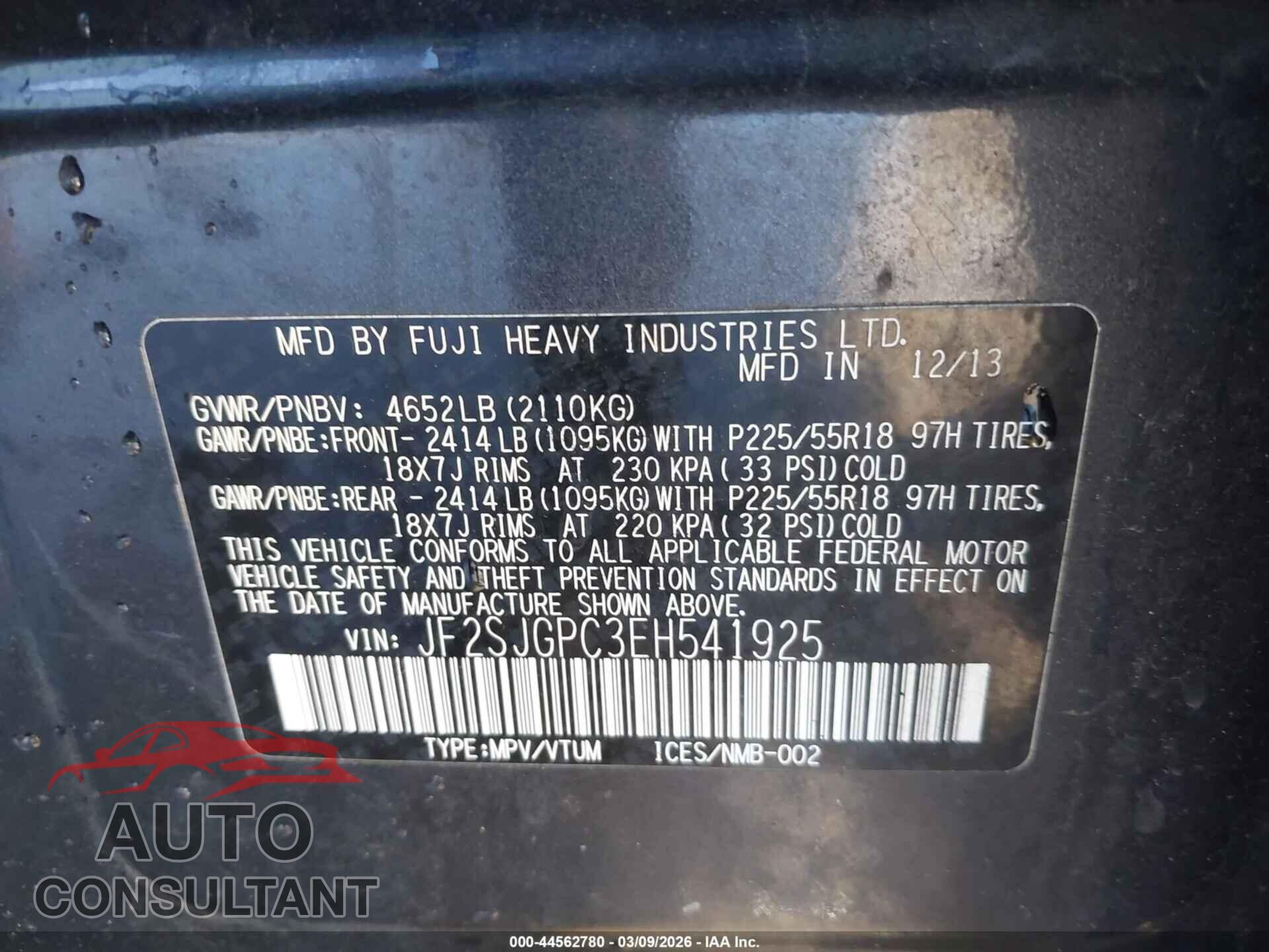 SUBARU FORESTER 2014 - JF2SJGPC3EH541925