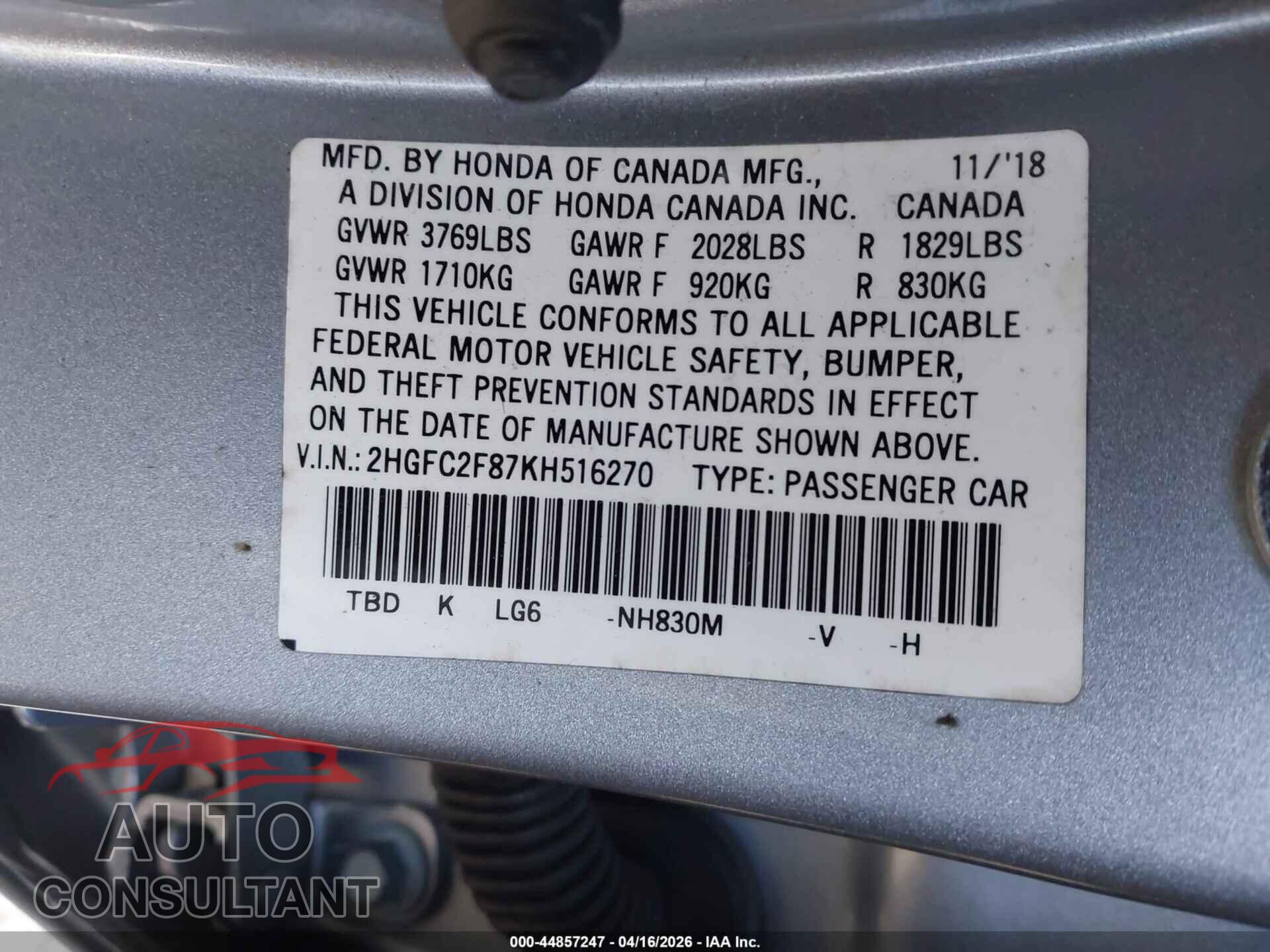 HONDA CIVIC 2019 - 2HGFC2F87KH516270