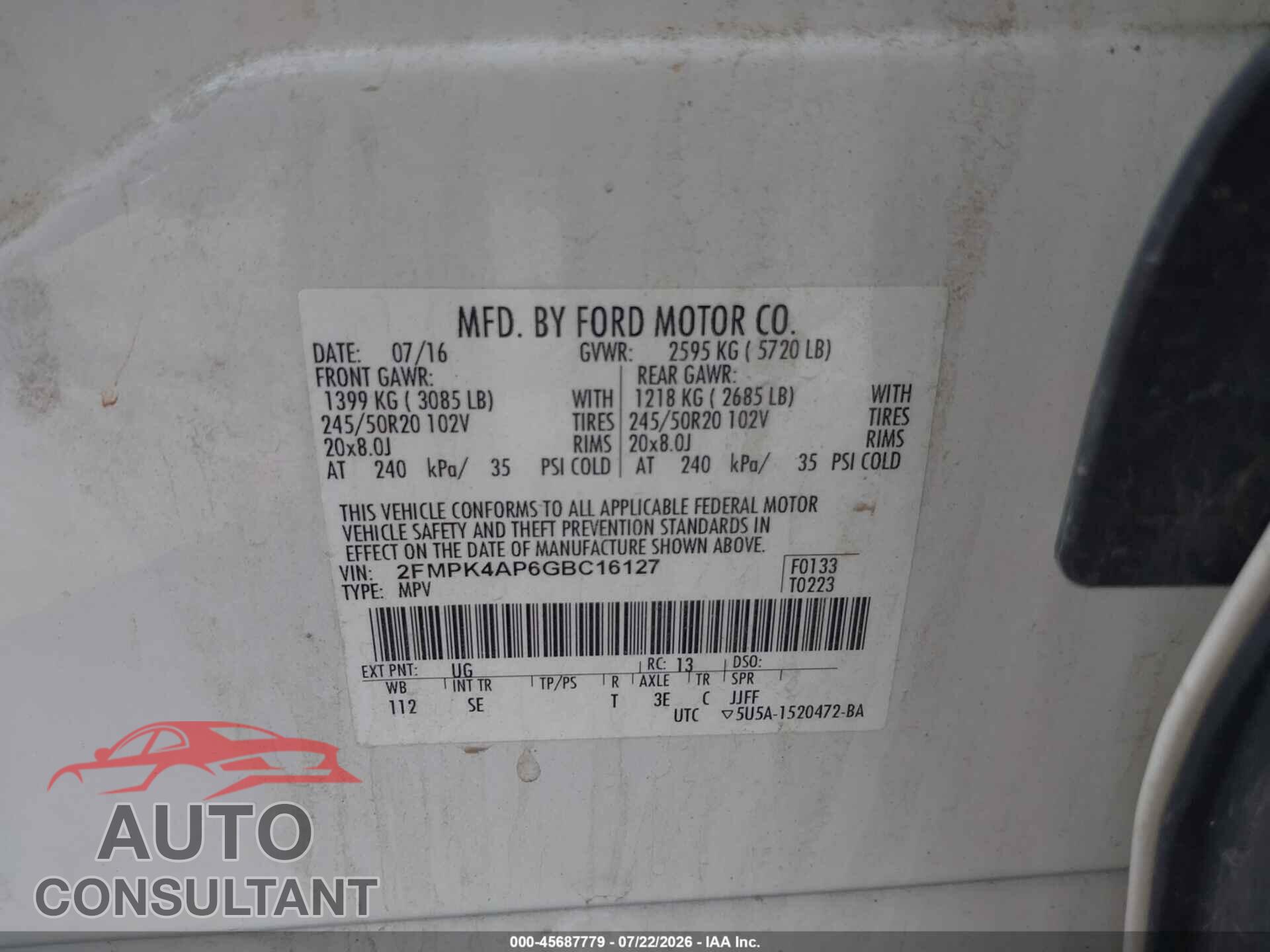 FORD EDGE 2016 - 2FMPK4AP6GBC16127