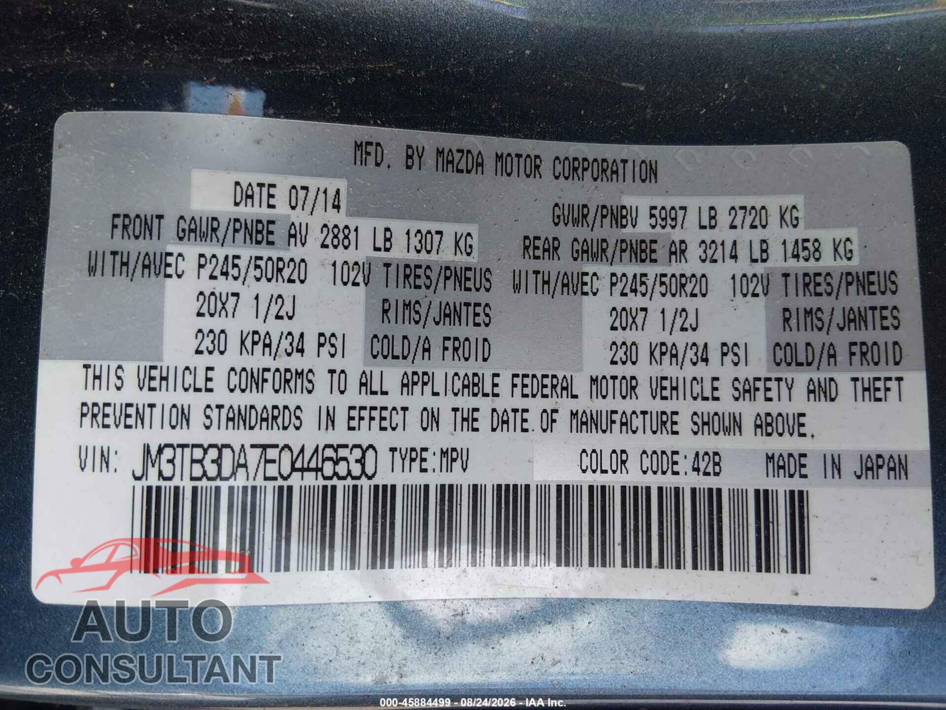 MAZDA CX-9 2014 - JM3TB3DA7E0446530