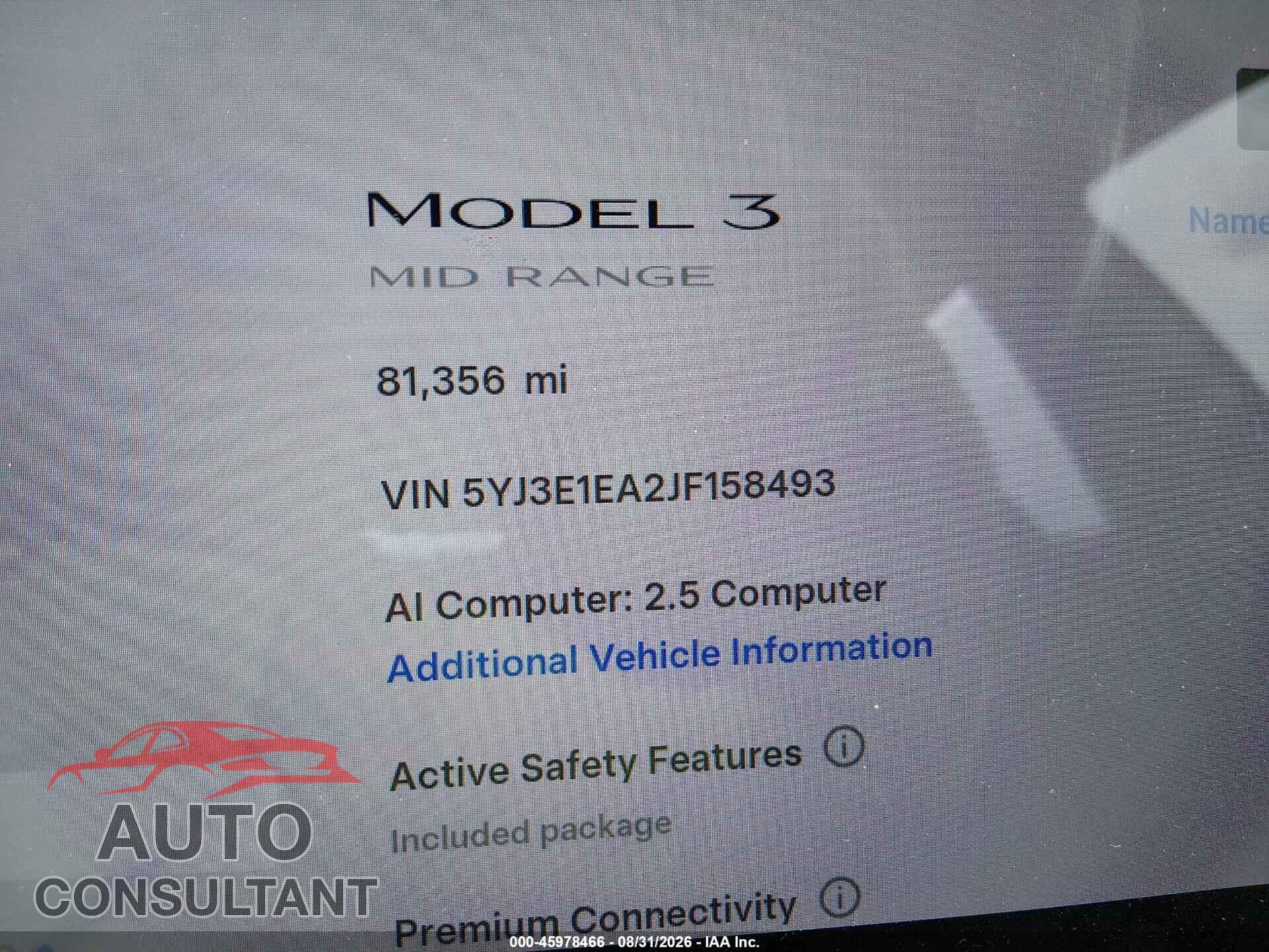 TESLA MODEL 3 2018 - 5YJ3E1EA2JF158493