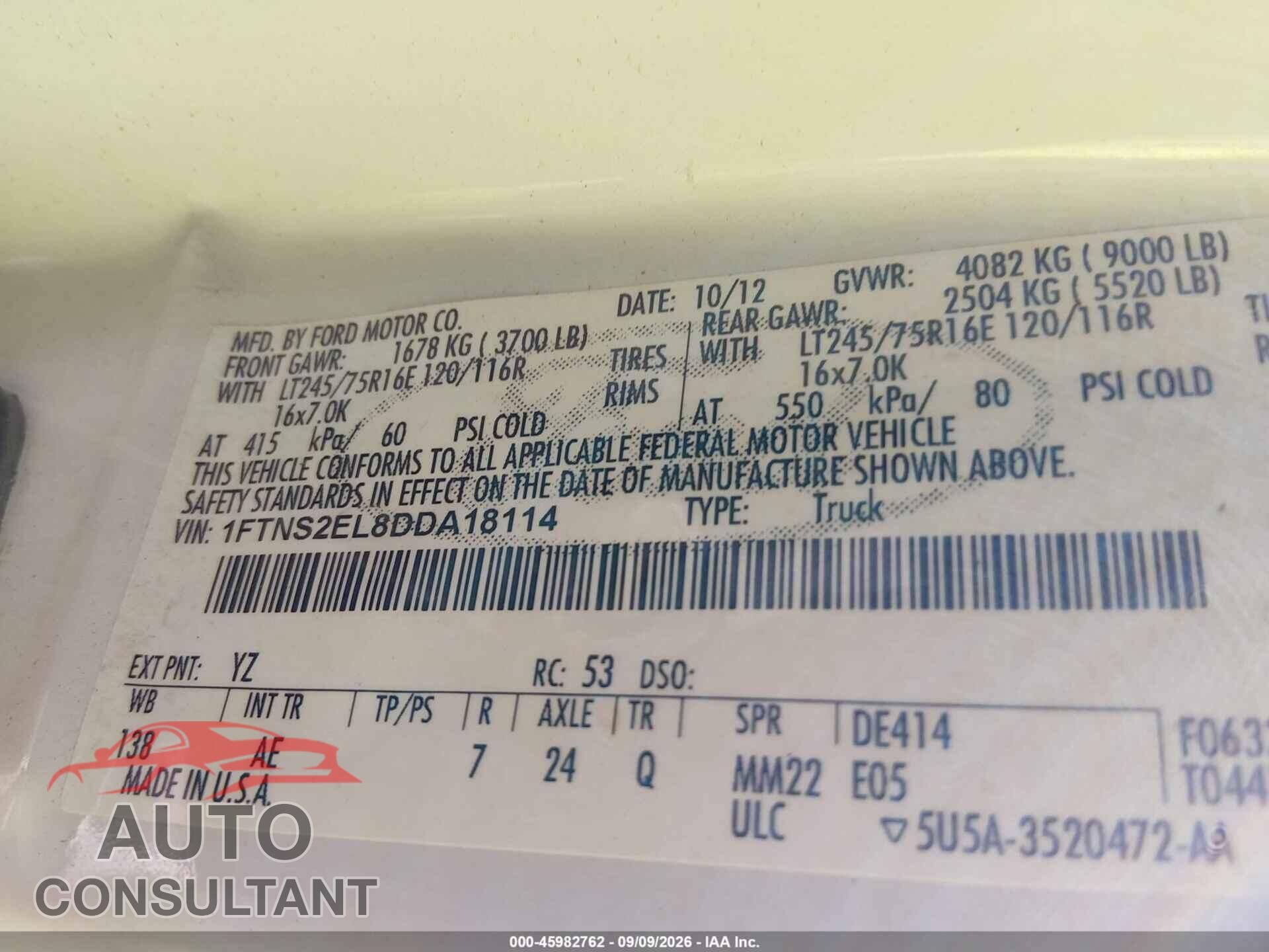 FORD E-250 2013 - 1FTNS2EL8DDA18114