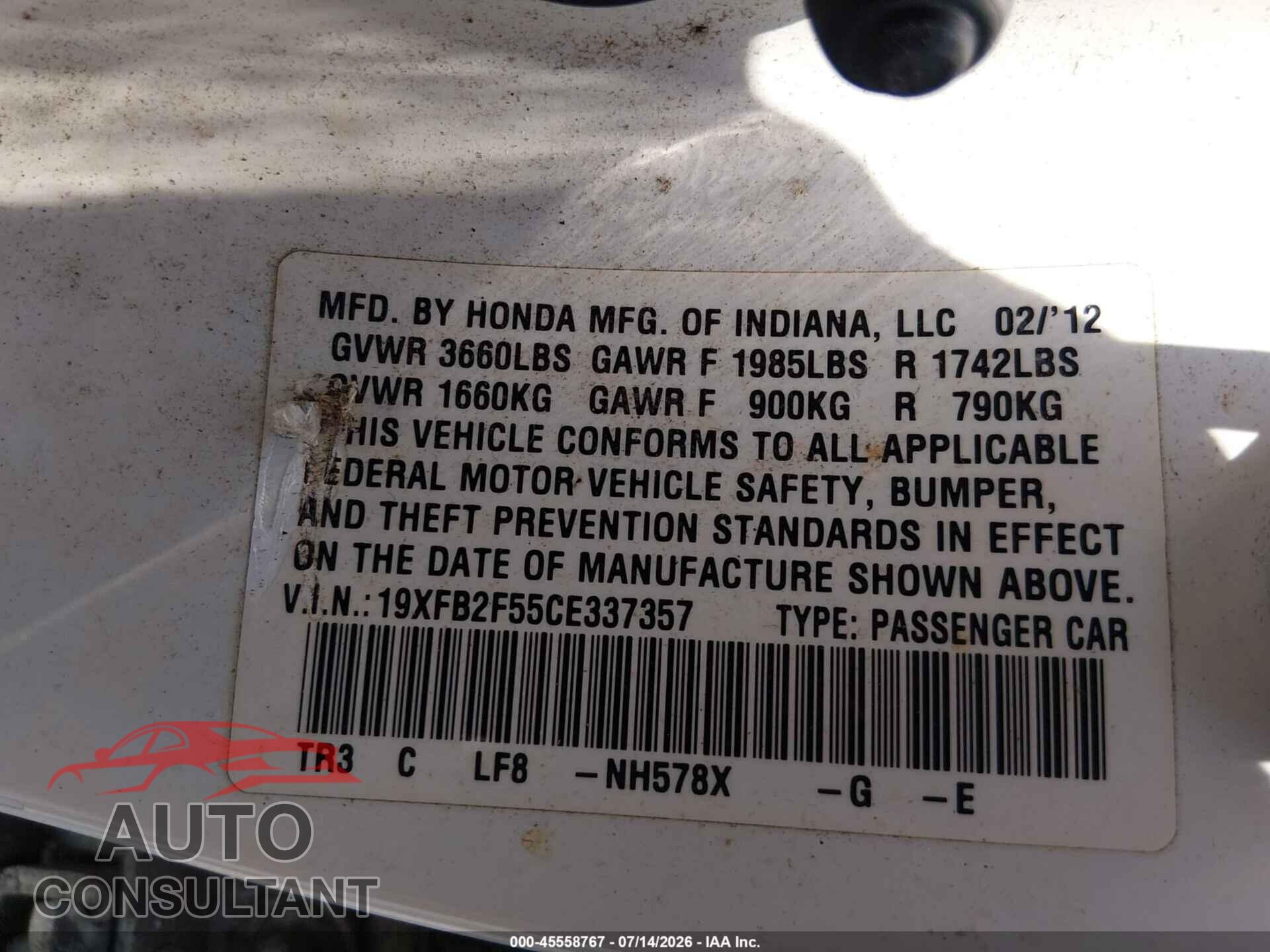 HONDA CIVIC 2012 - 19XFB2F55CE337357