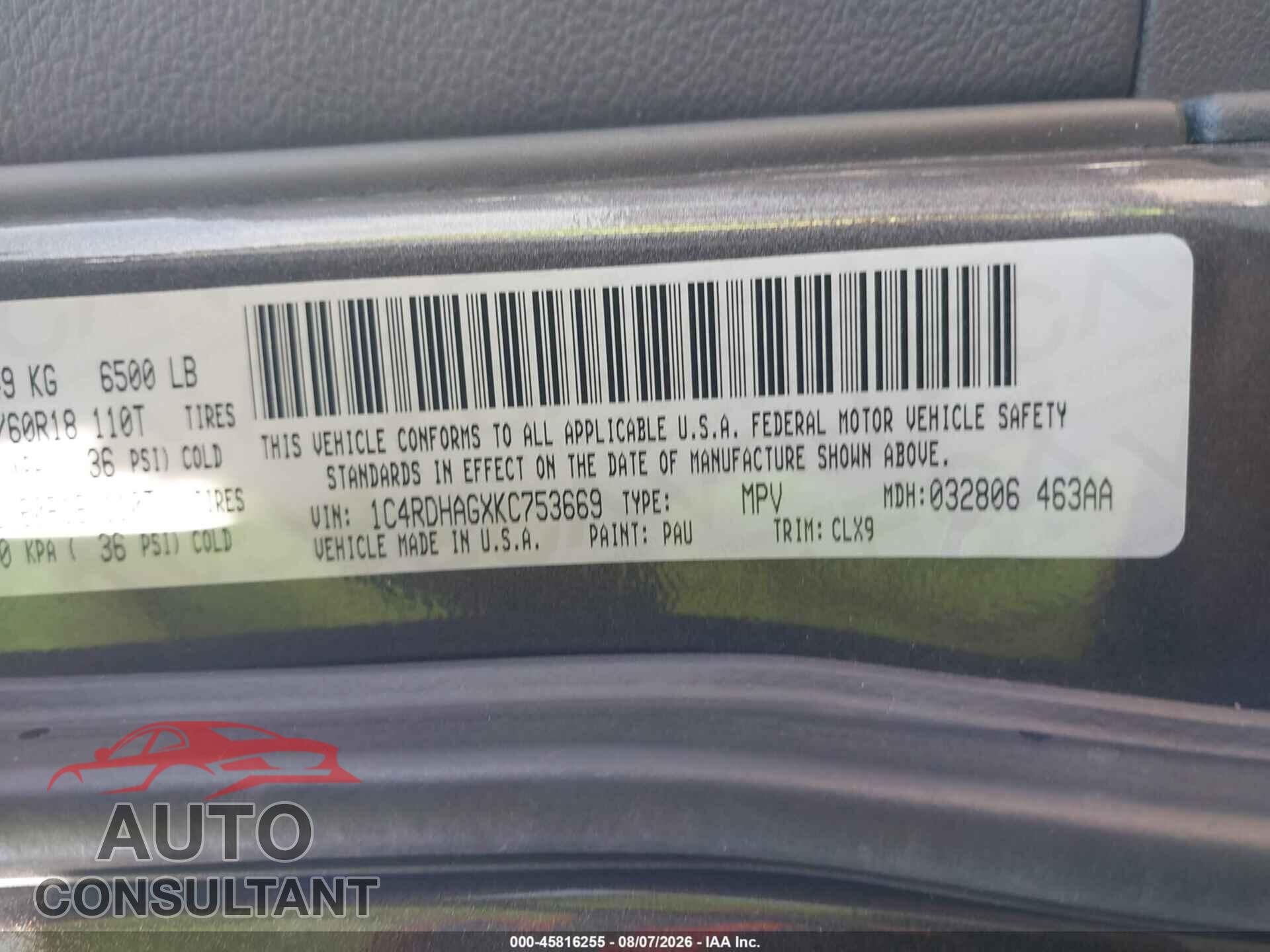 DODGE DURANGO 2019 - 1C4RDHAGXKC753669