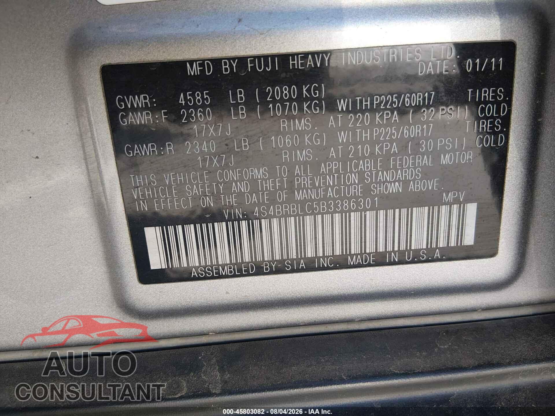SUBARU OUTBACK 2011 - 4S4BRBLC5B3386301