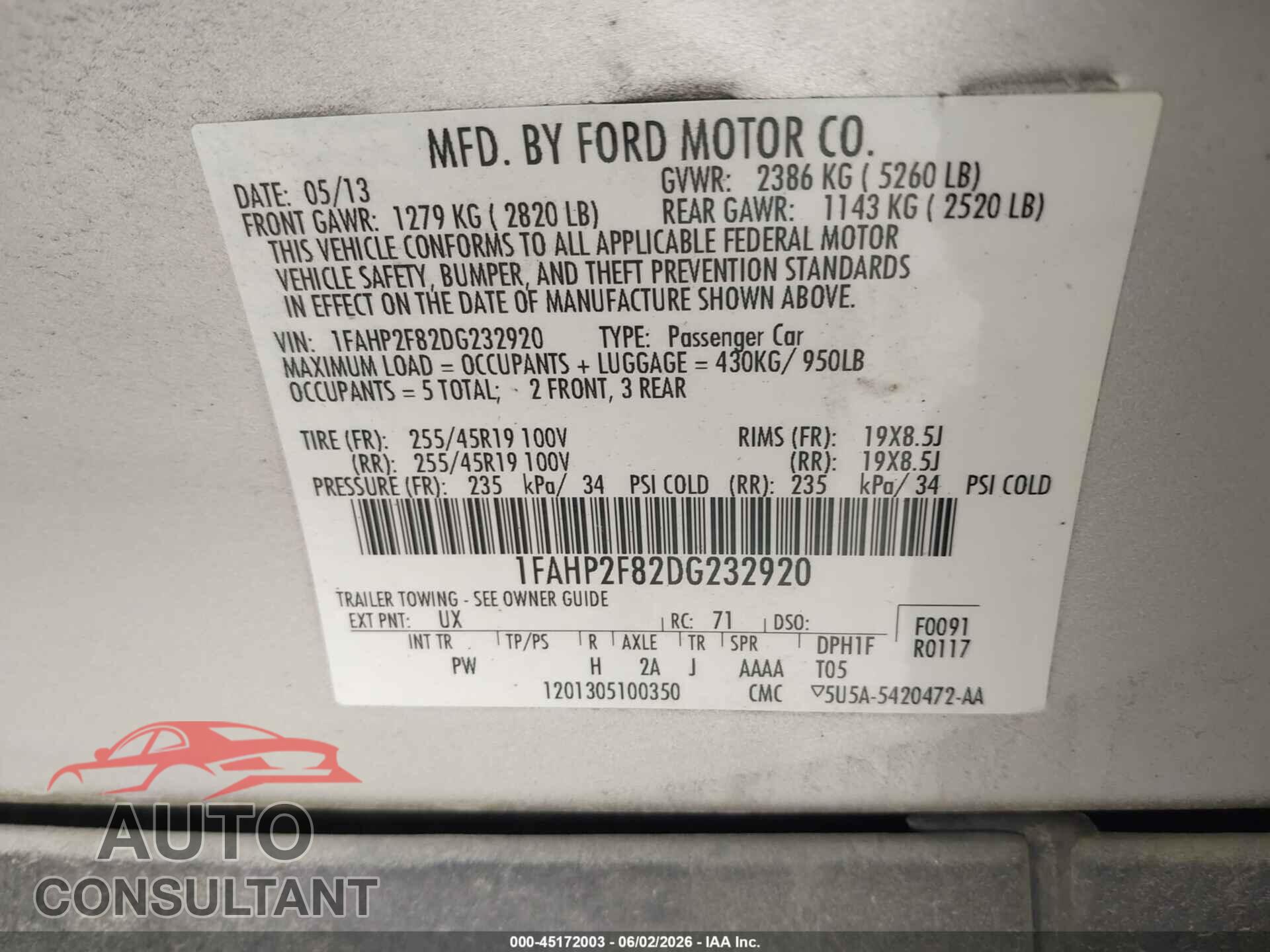 FORD TAURUS 2013 - 1FAHP2F82DG232920