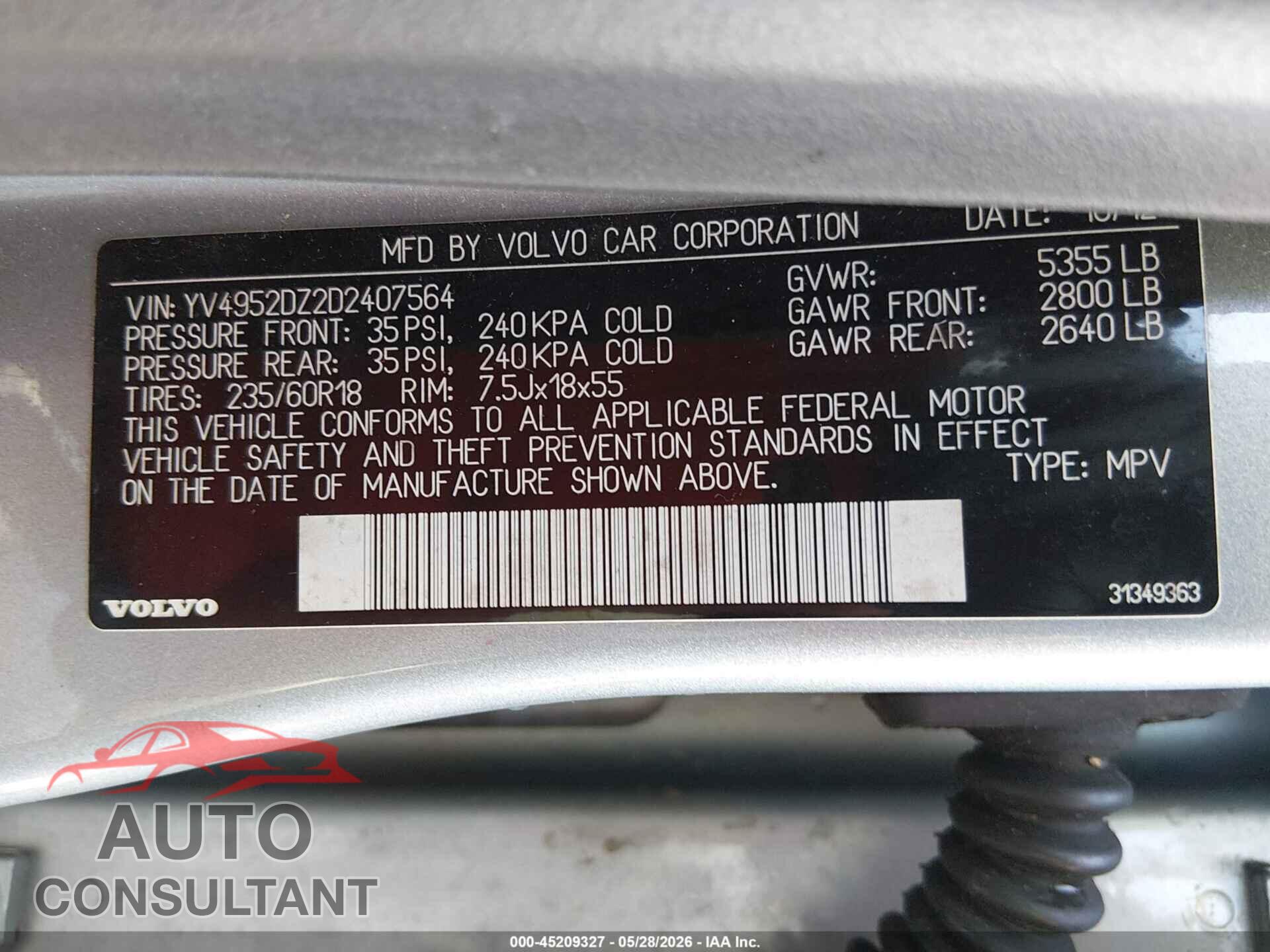 VOLVO XC60 2013 - YV4952DZ2D2407564