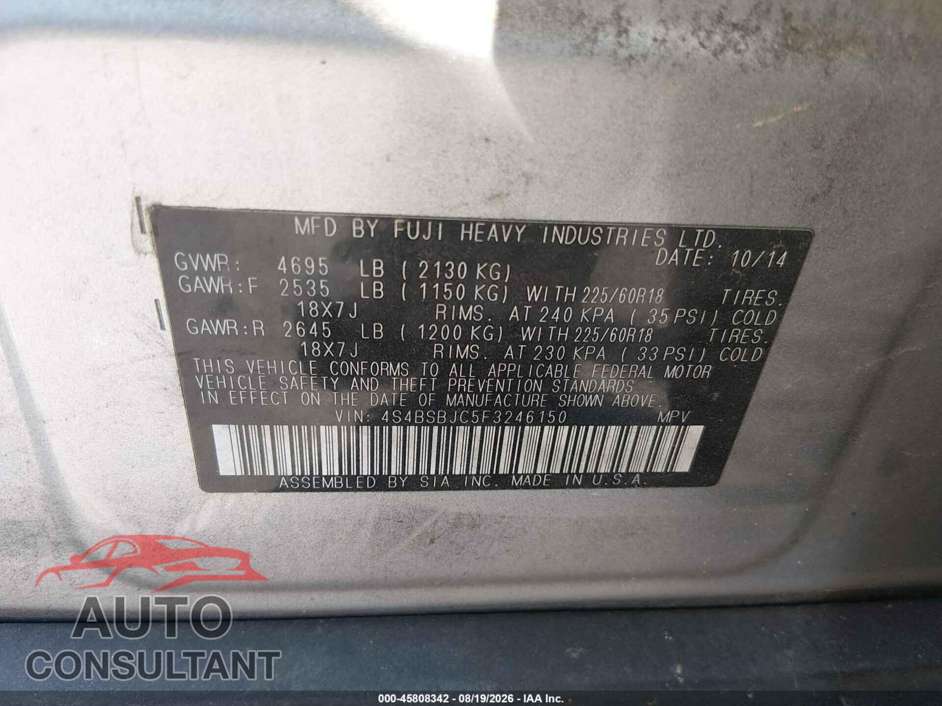 SUBARU OUTBACK 2015 - 4S4BSBJC5F3246150