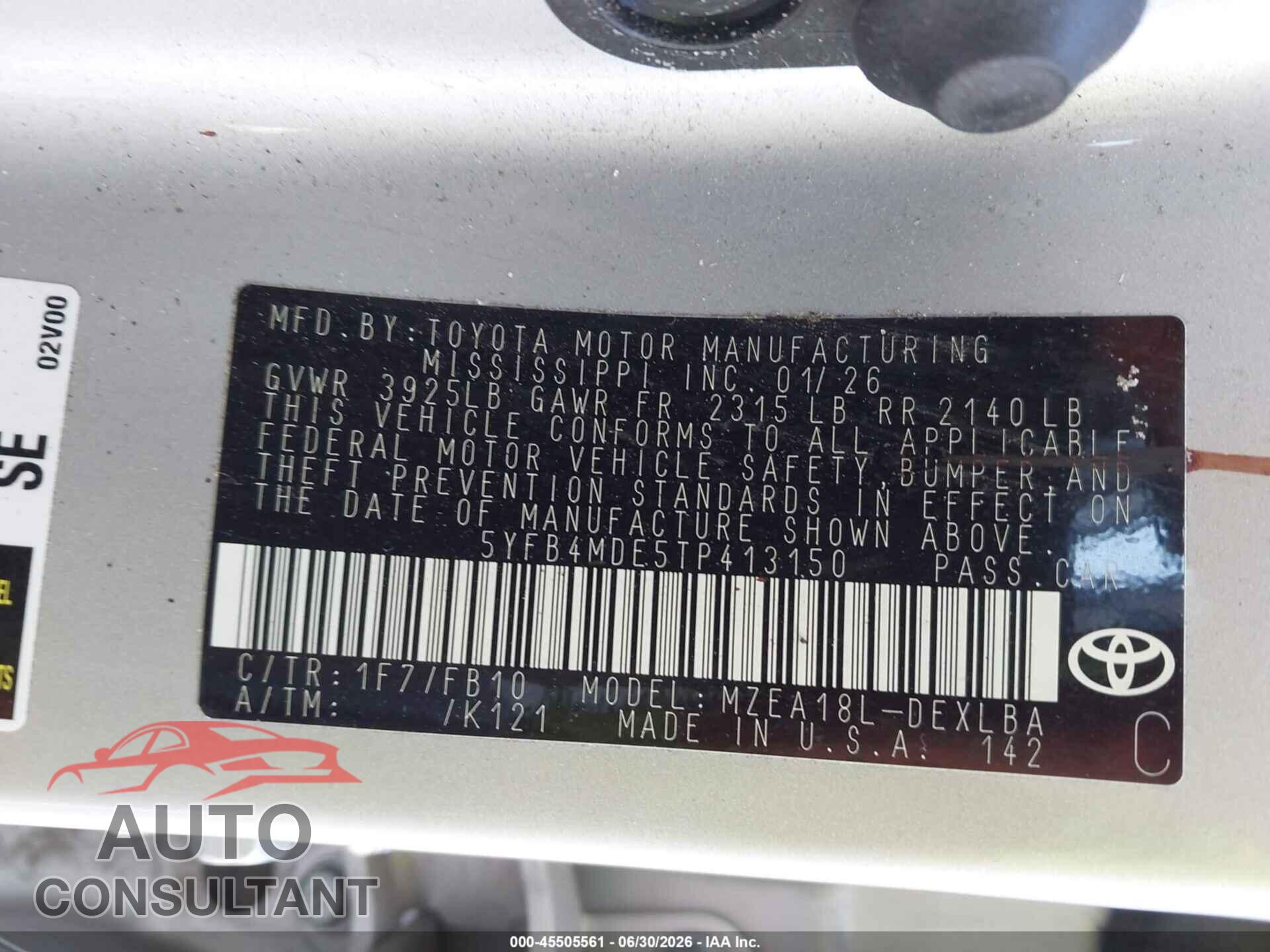 TOYOTA COROLLA 2026 - 5YFB4MDE5TP413150