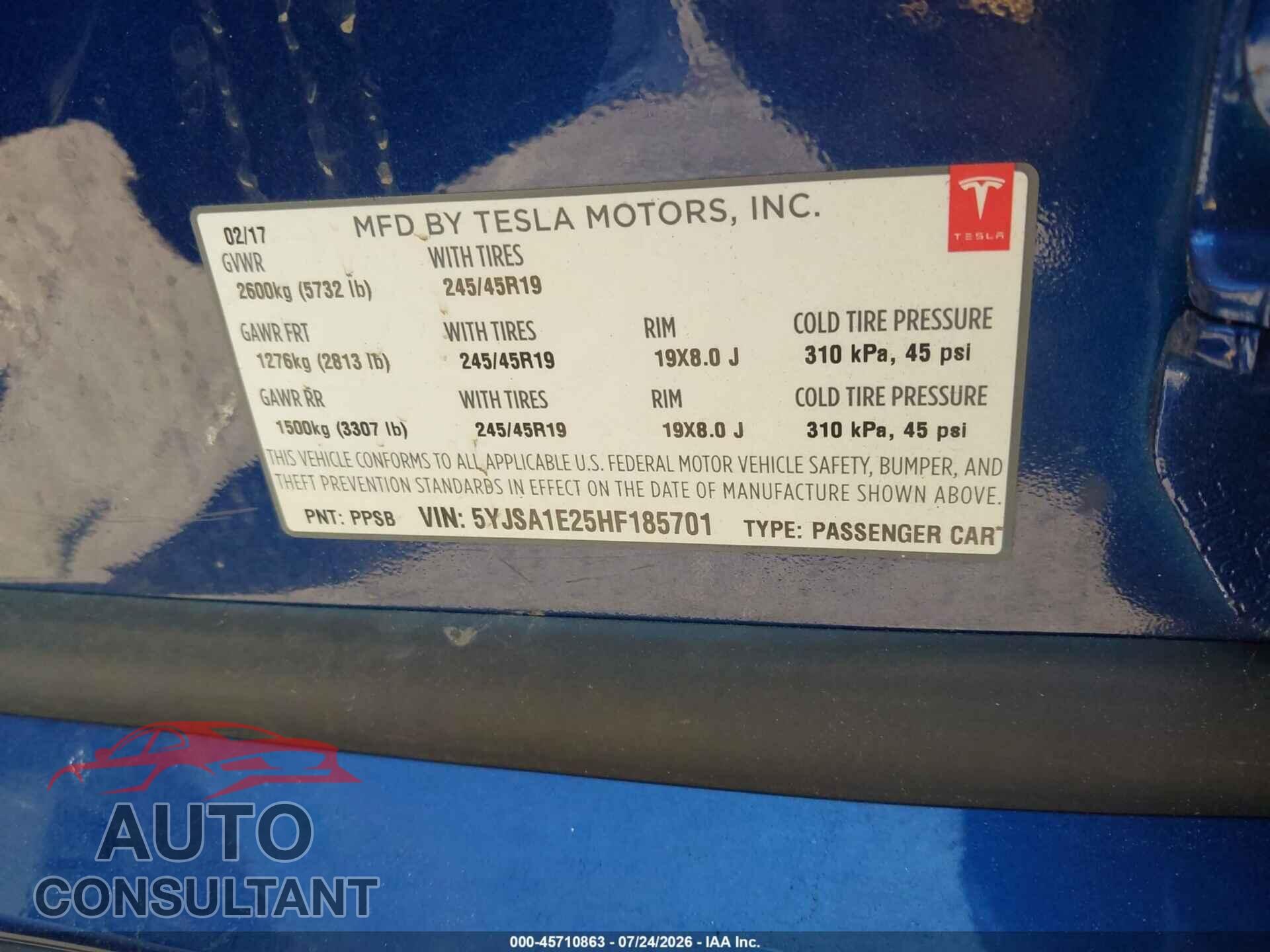 TESLA MODEL S 2017 - 5YJSA1E25HF185701