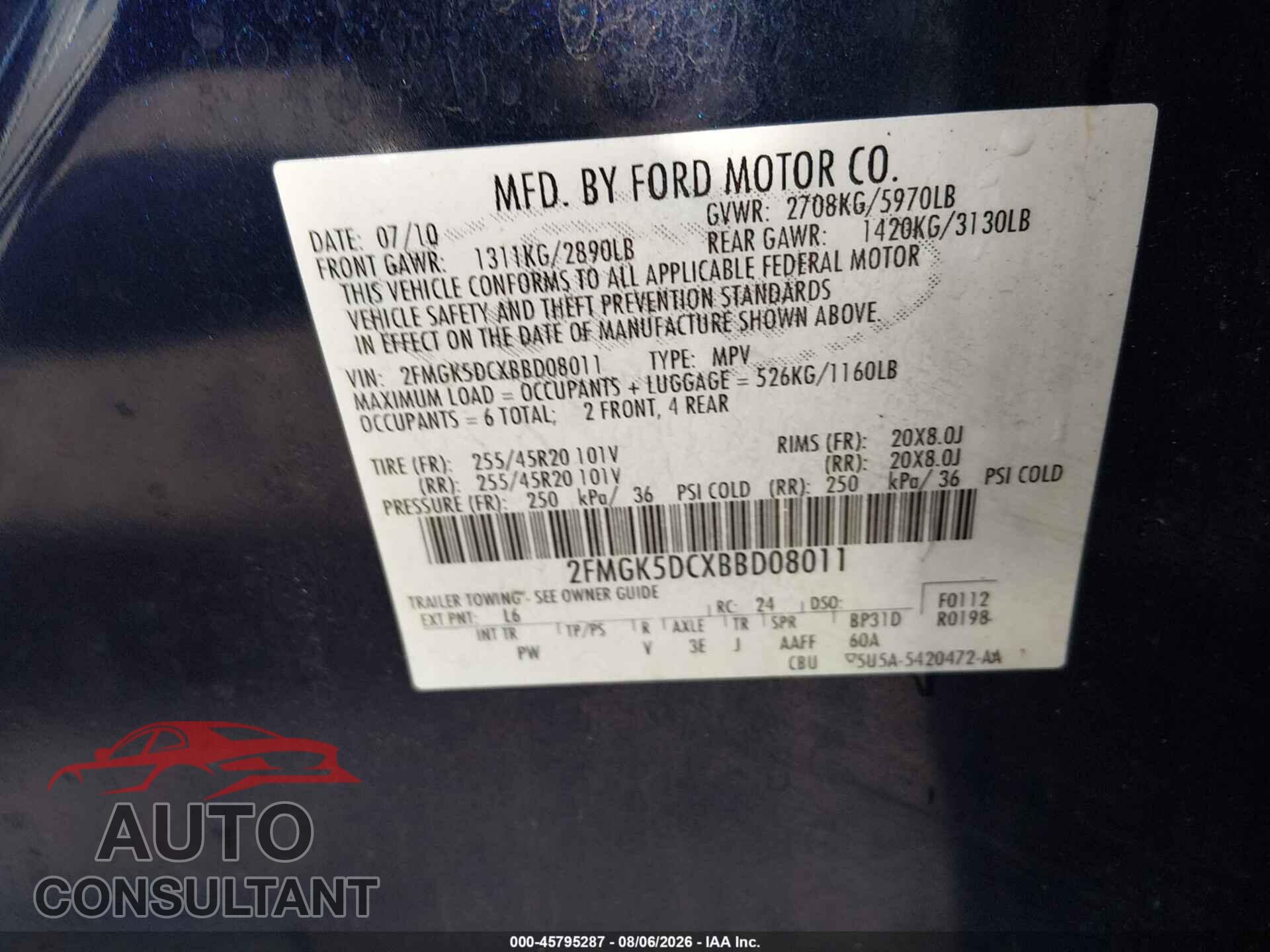 FORD FLEX 2011 - 2FMGK5DCXBBD08011