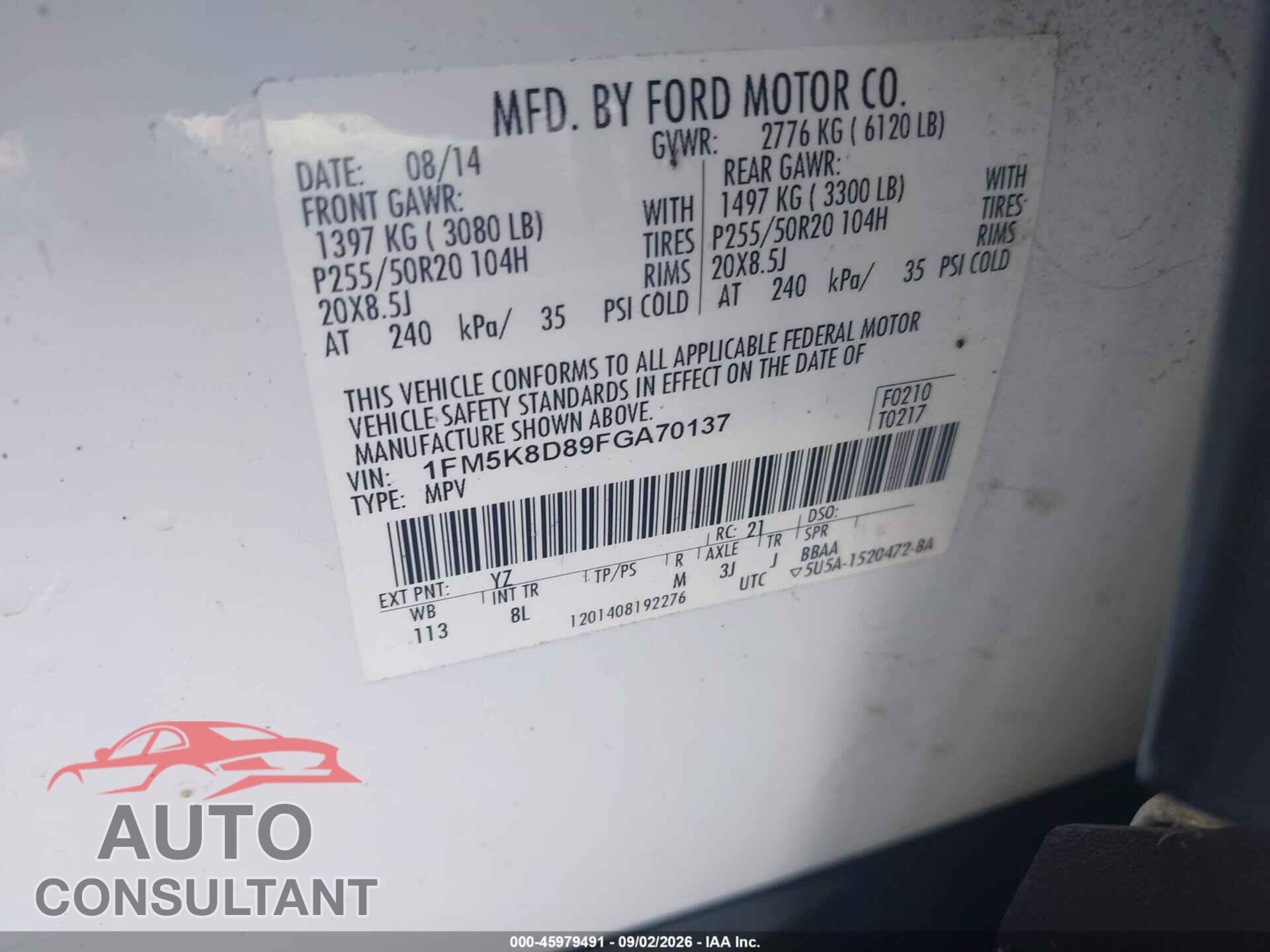 FORD EXPLORER 2015 - 1FM5K8D89FGA70137