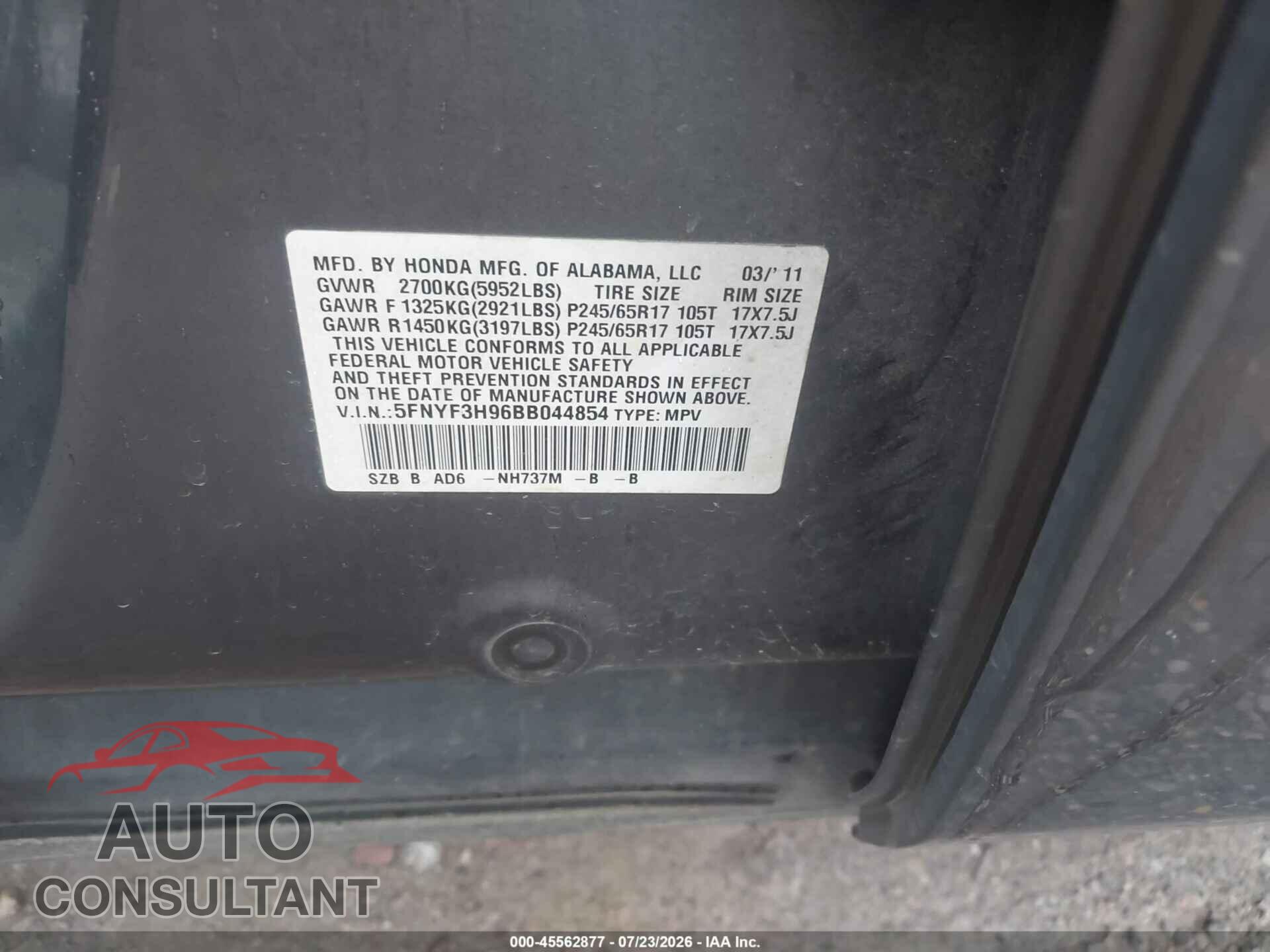 HONDA PILOT 2011 - 5FNYF3H96BB044854