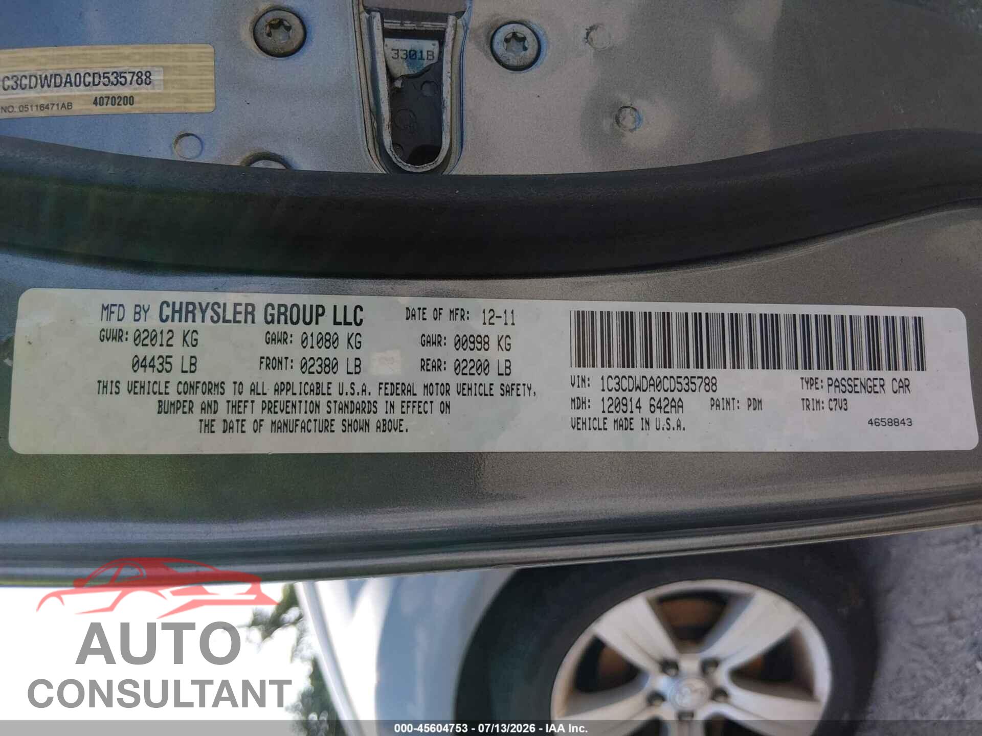 DODGE CALIBER 2012 - 1C3CDWDA0CD535788