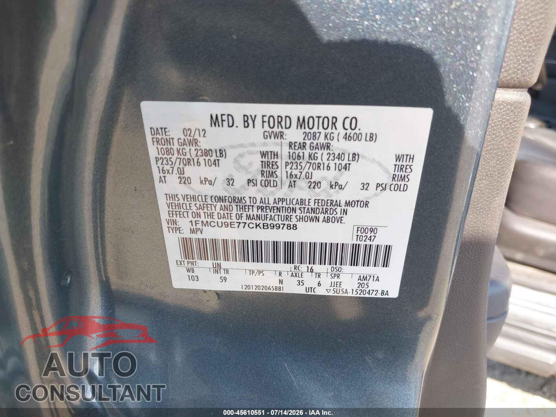 FORD ESCAPE 2012 - 1FMCU9E77CKB99788