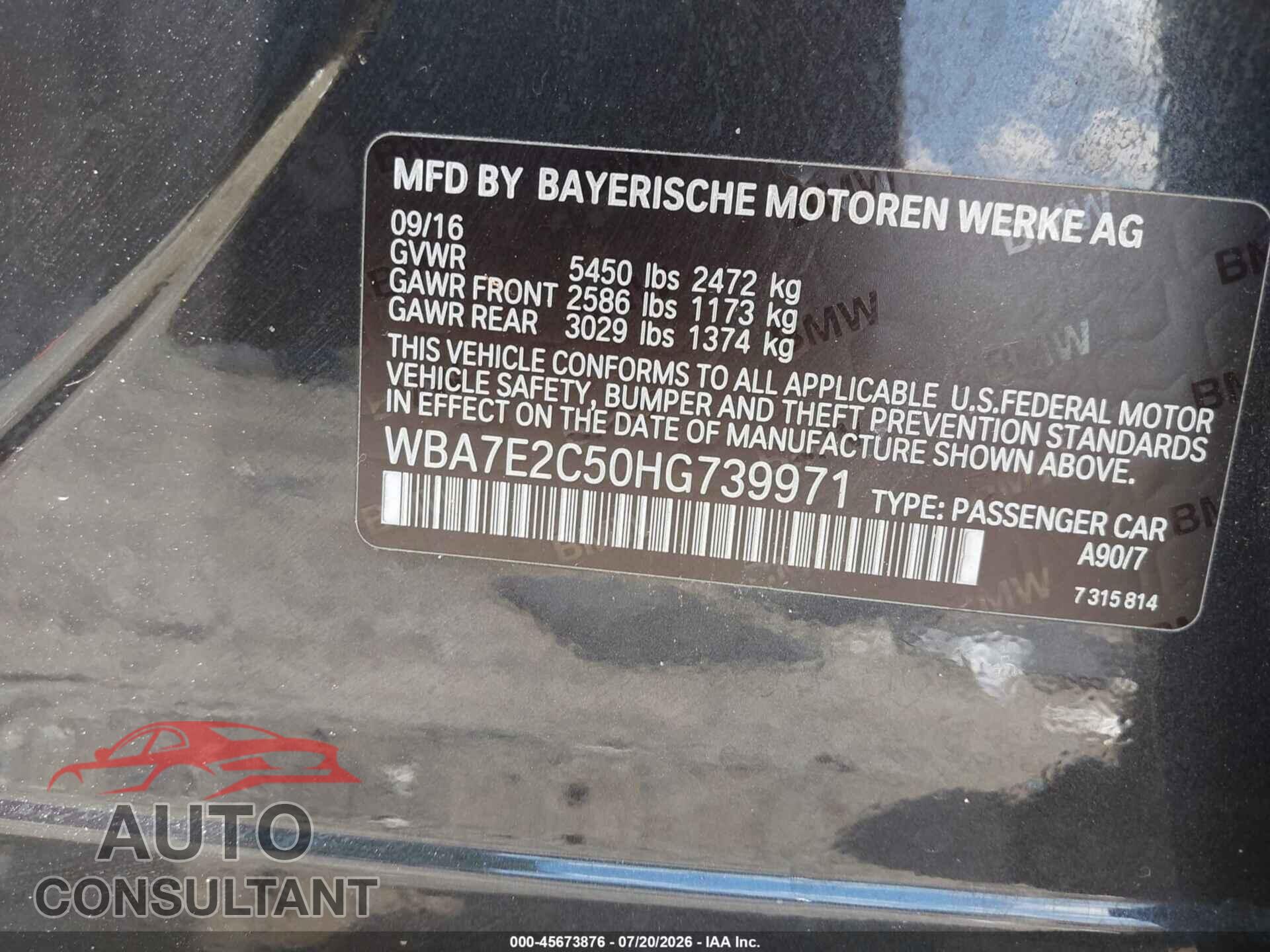 BMW 740I 2017 - WBA7E2C50HG739971