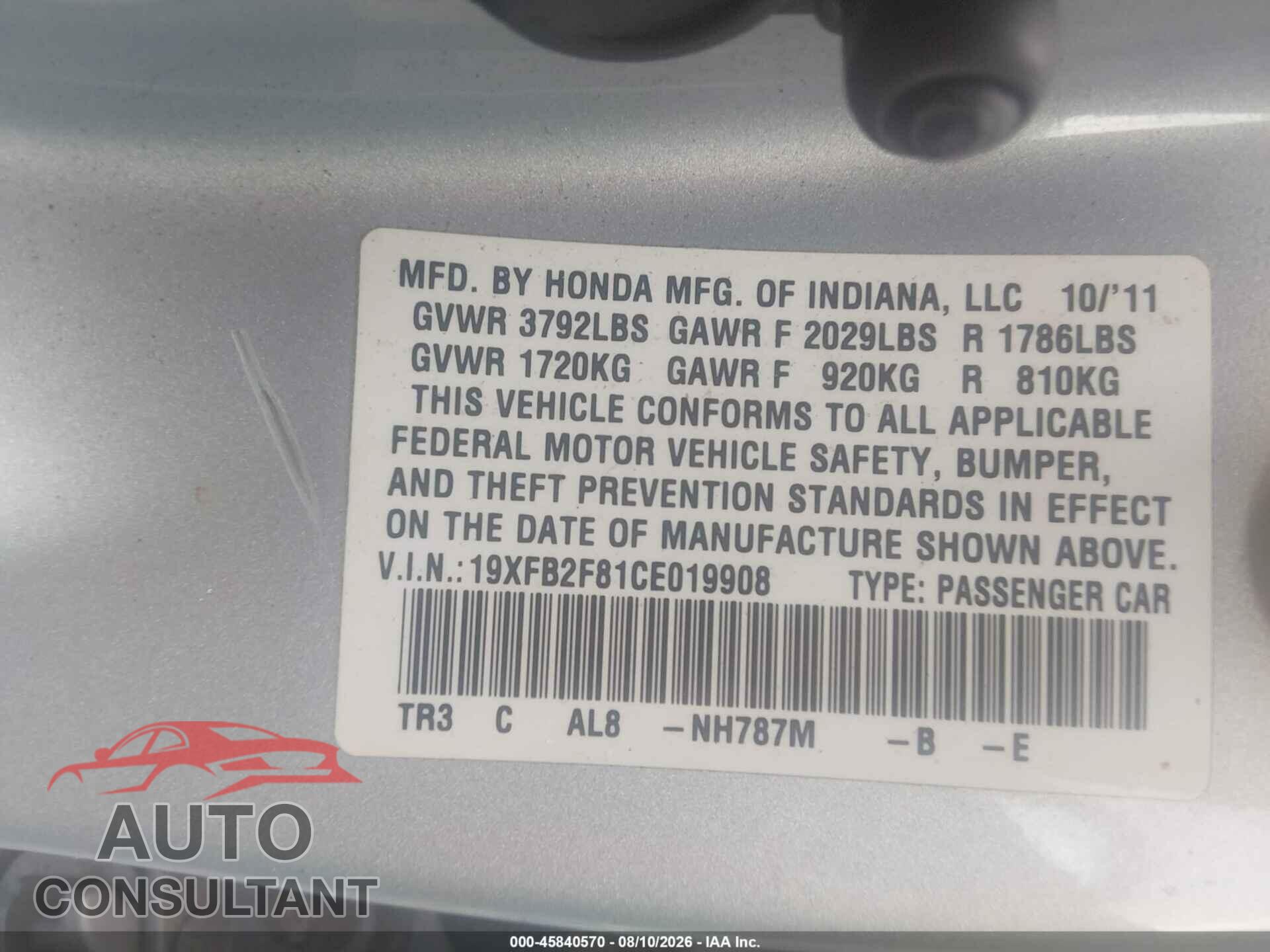 HONDA CIVIC 2012 - 19XFB2F81CE019908