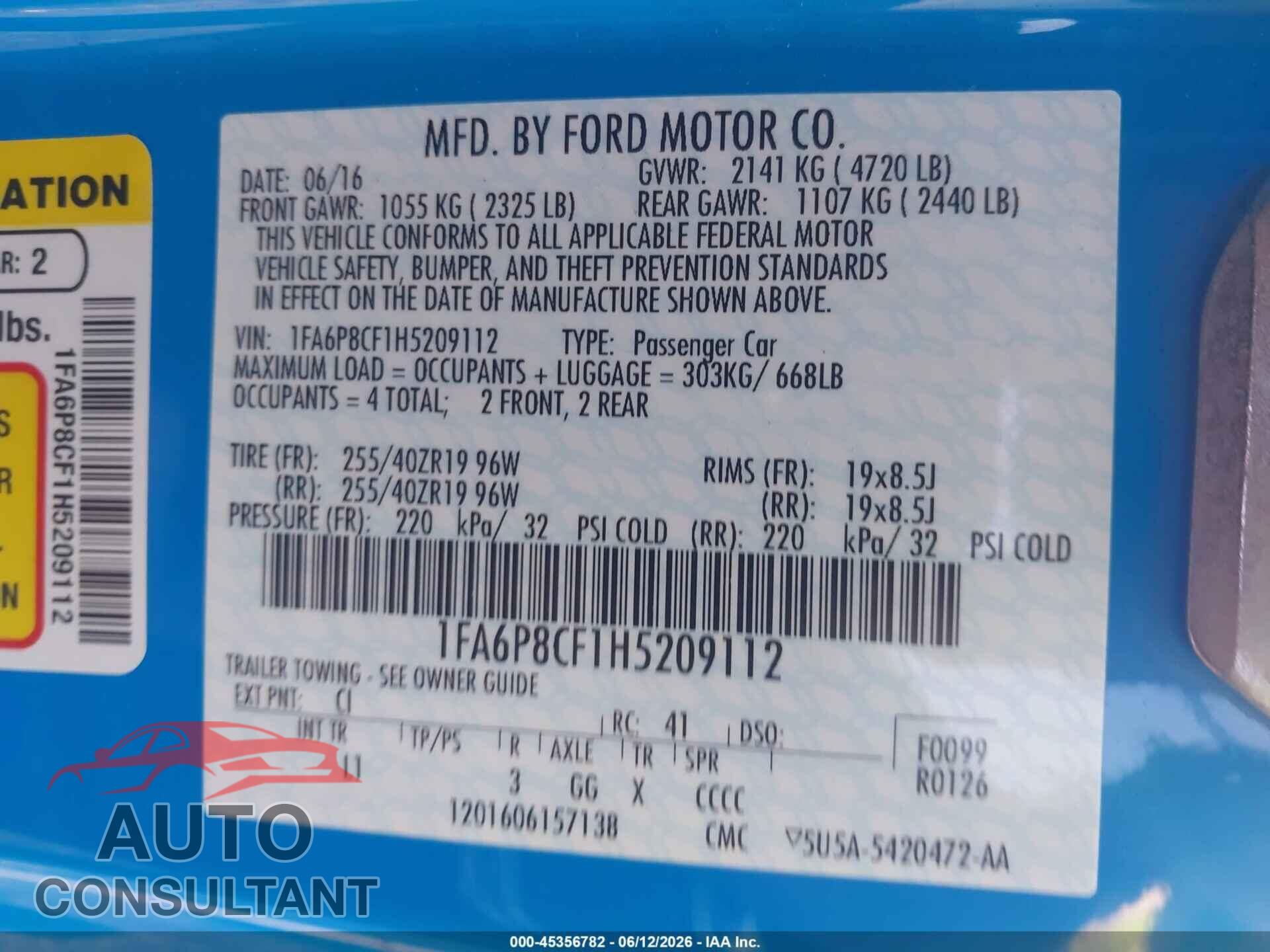 FORD MUSTANG 2017 - 1FA6P8CF1H5209112