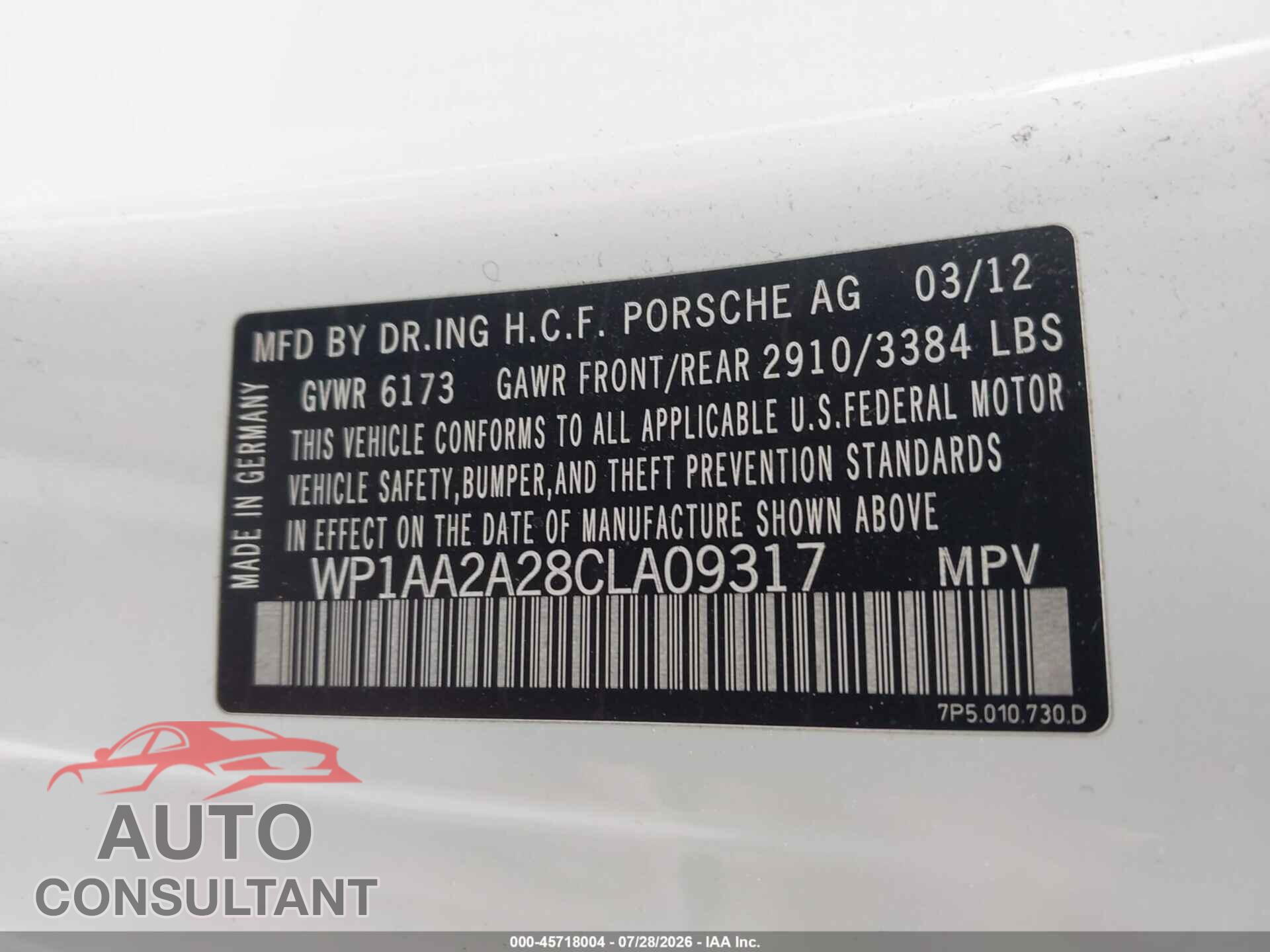 PORSCHE CAYENNE 2012 - WP1AA2A28CLA09317