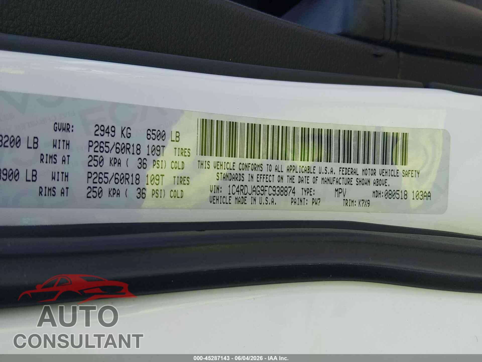 DODGE DURANGO 2015 - 1C4RDJAG9FC938874