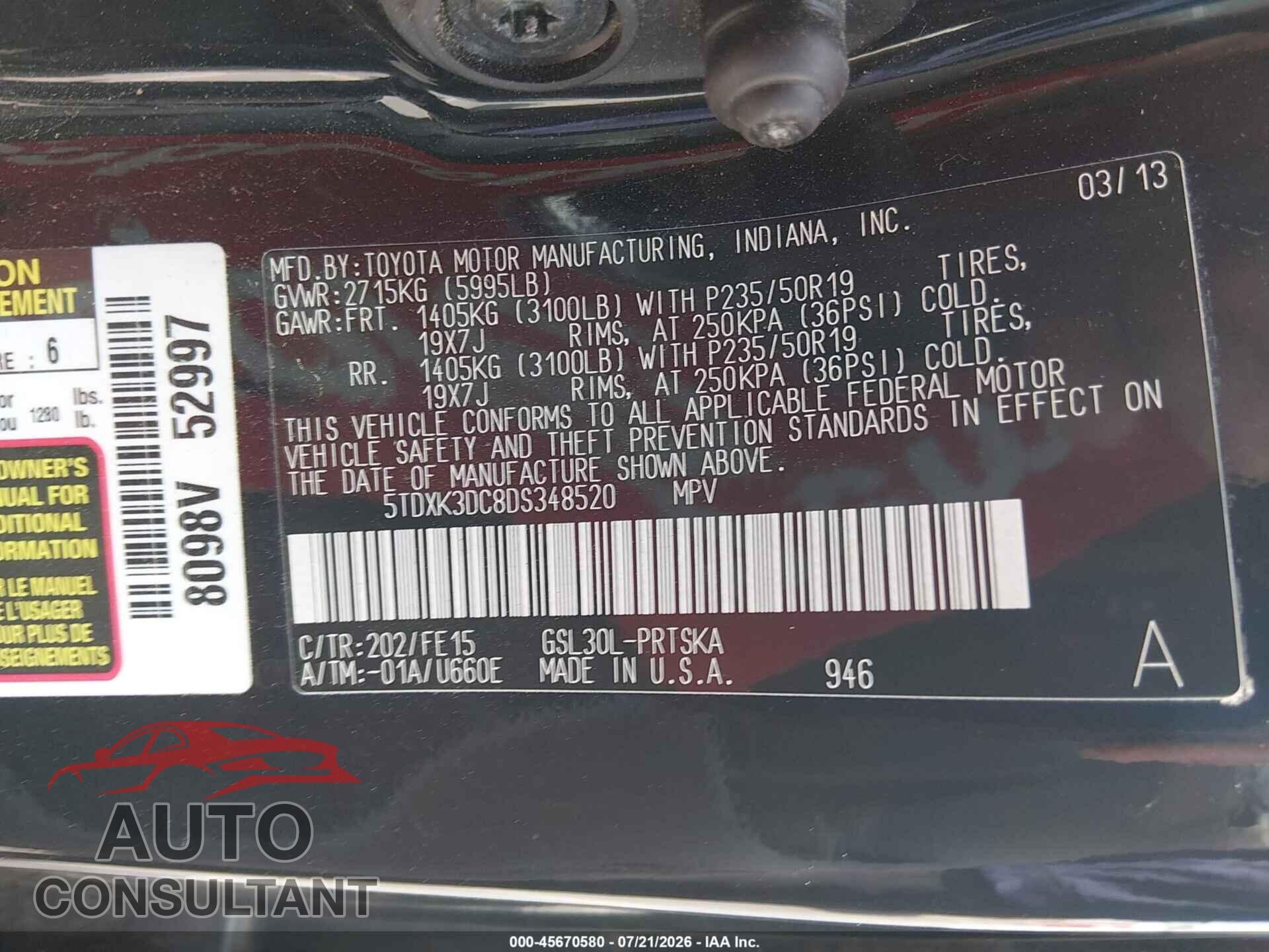 TOYOTA SIENNA 2013 - 5TDXK3DC8DS348520