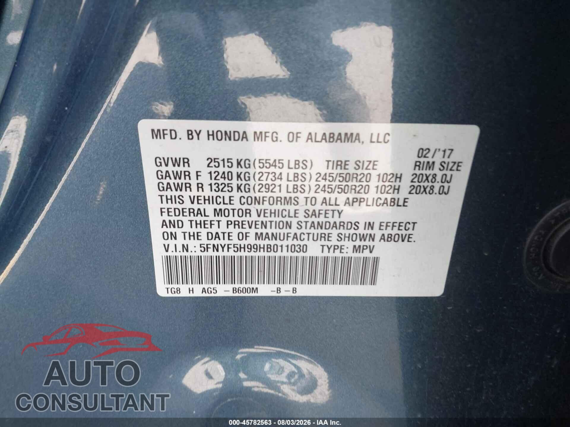 HONDA PILOT 2017 - 5FNYF5H99HB011030