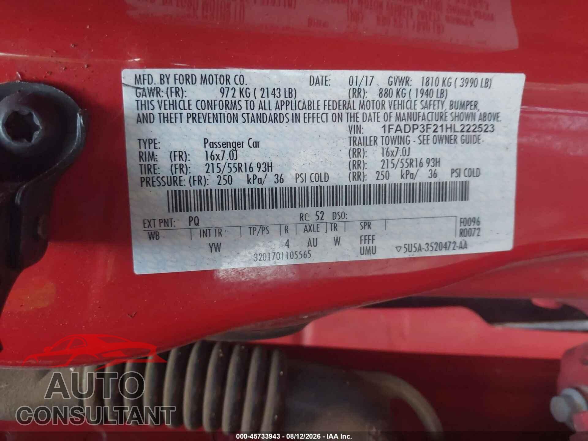 FORD FOCUS 2017 - 1FADP3F21HL222523