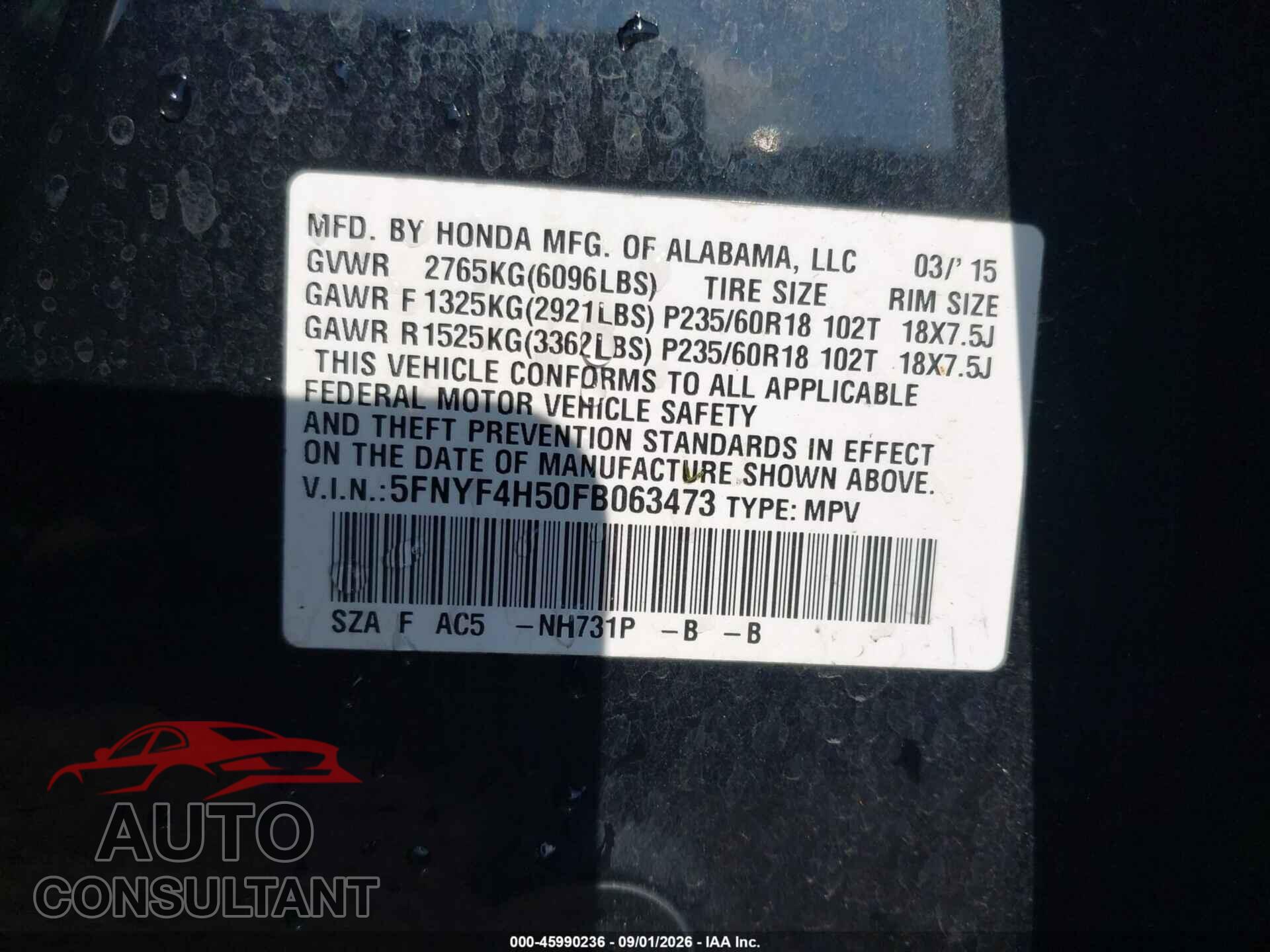 HONDA PILOT 2015 - 5FNYF4H50FB063473