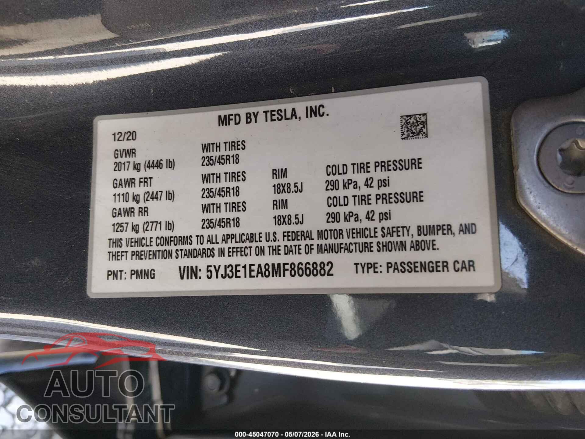 TESLA MODEL 3 2021 - 5YJ3E1EA8MF866882