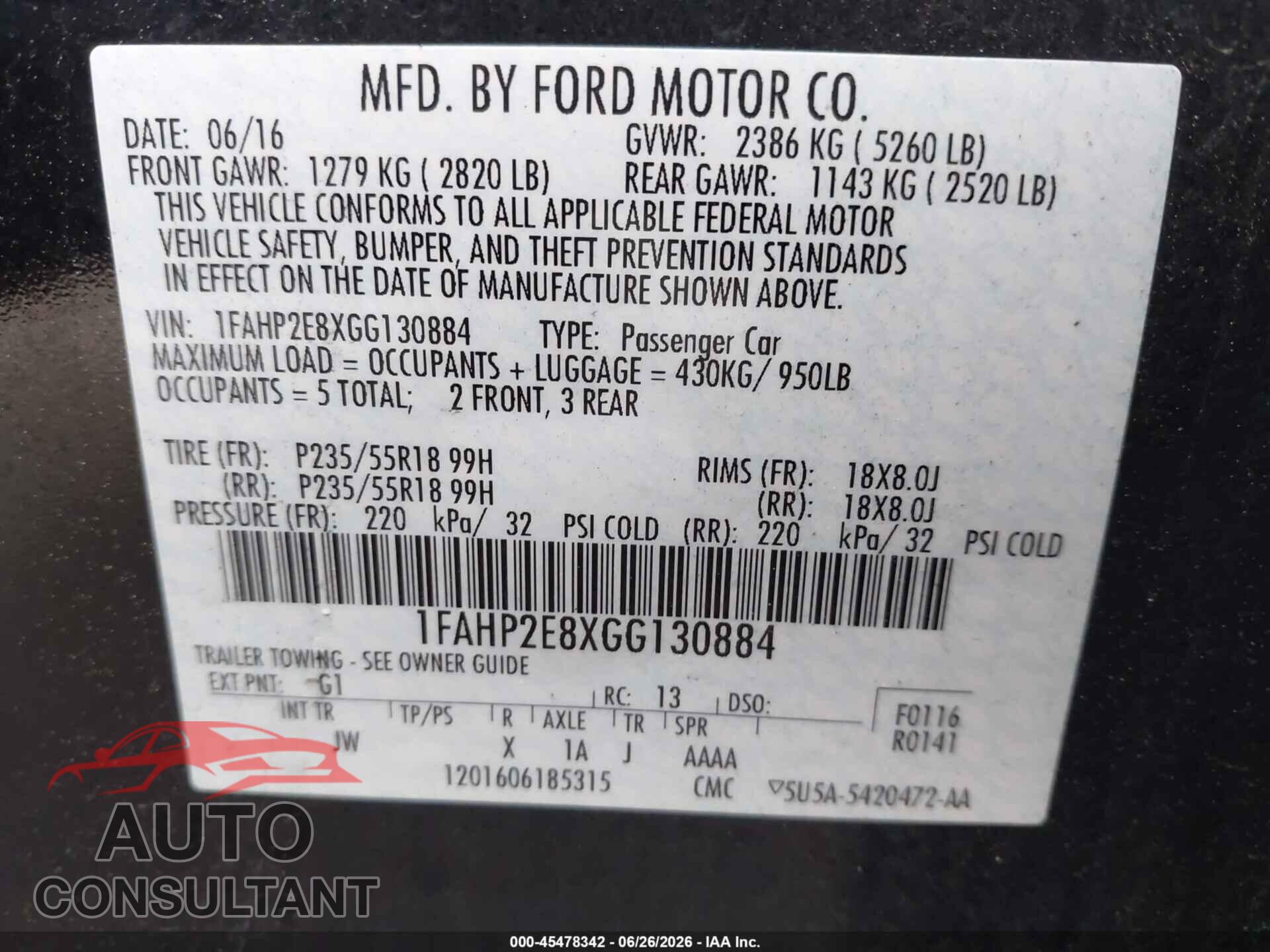 FORD TAURUS 2016 - 1FAHP2E8XGG130884