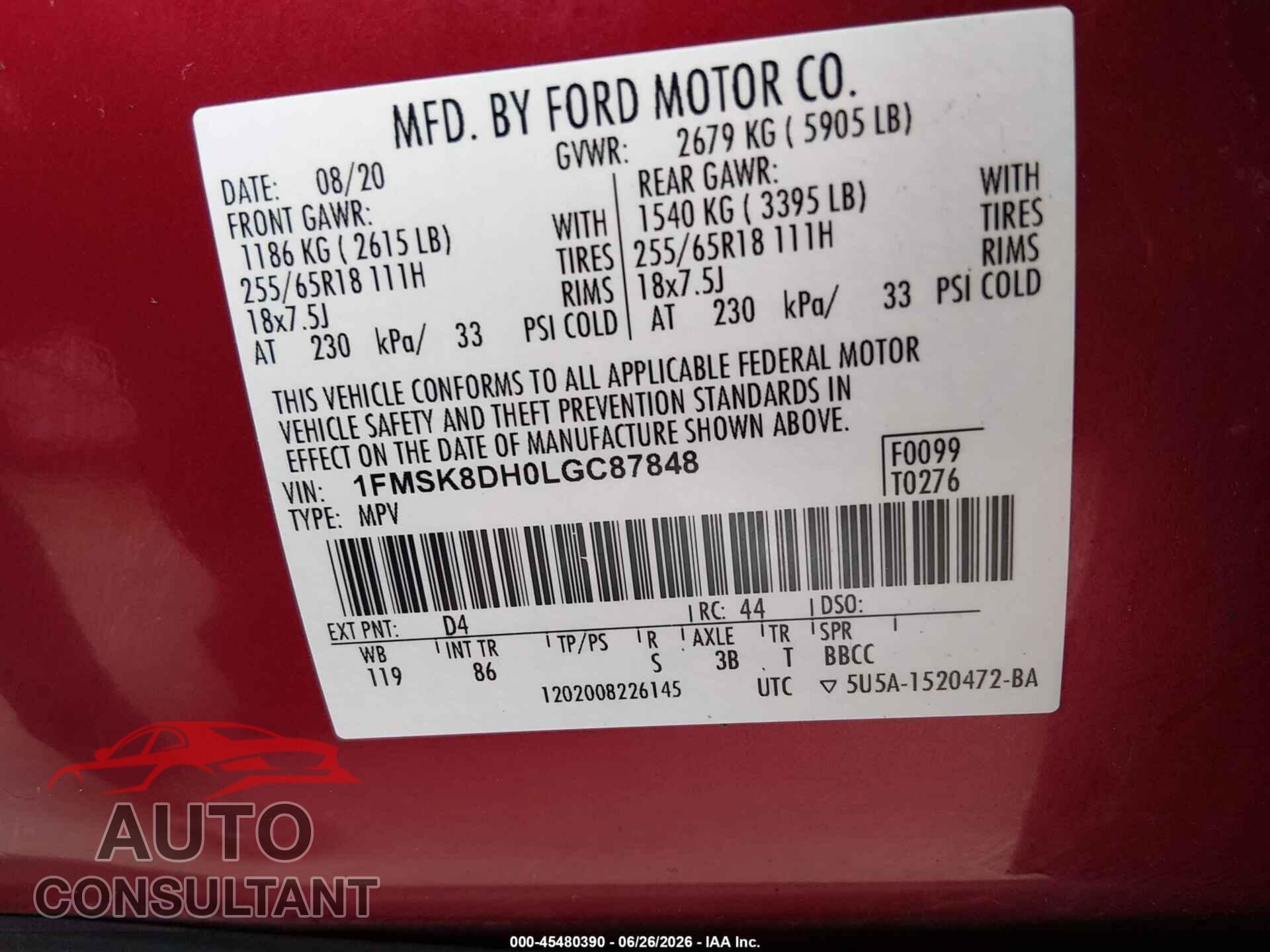 FORD EXPLORER 2020 - 1FMSK8DH0LGC87848