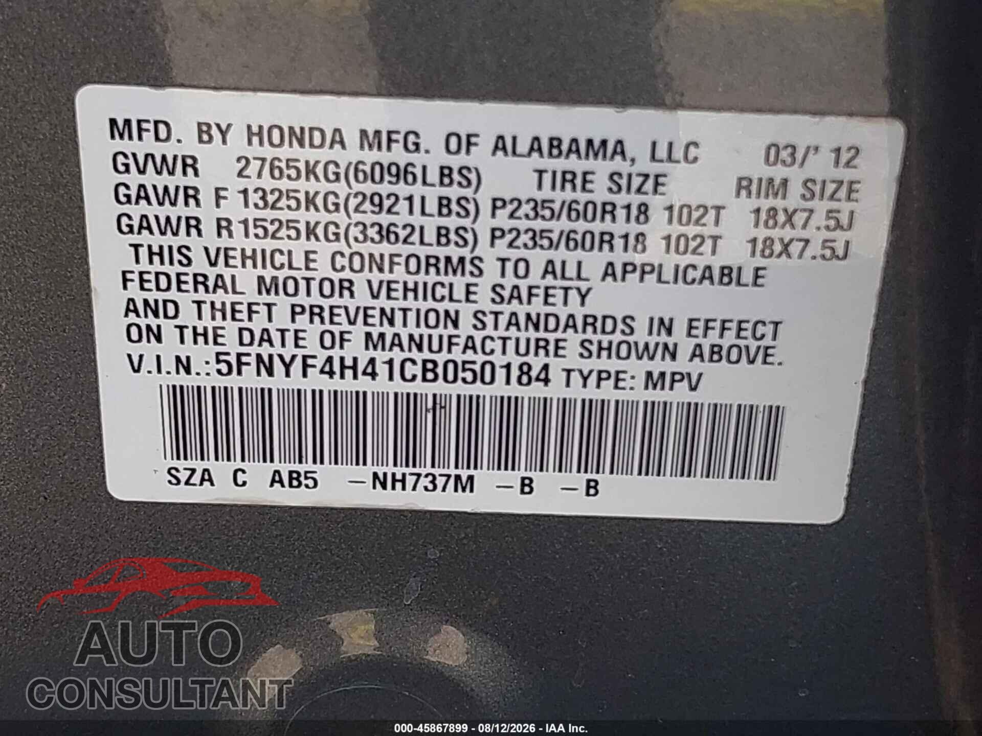 HONDA PILOT 2012 - 5FNYF4H41CB050184