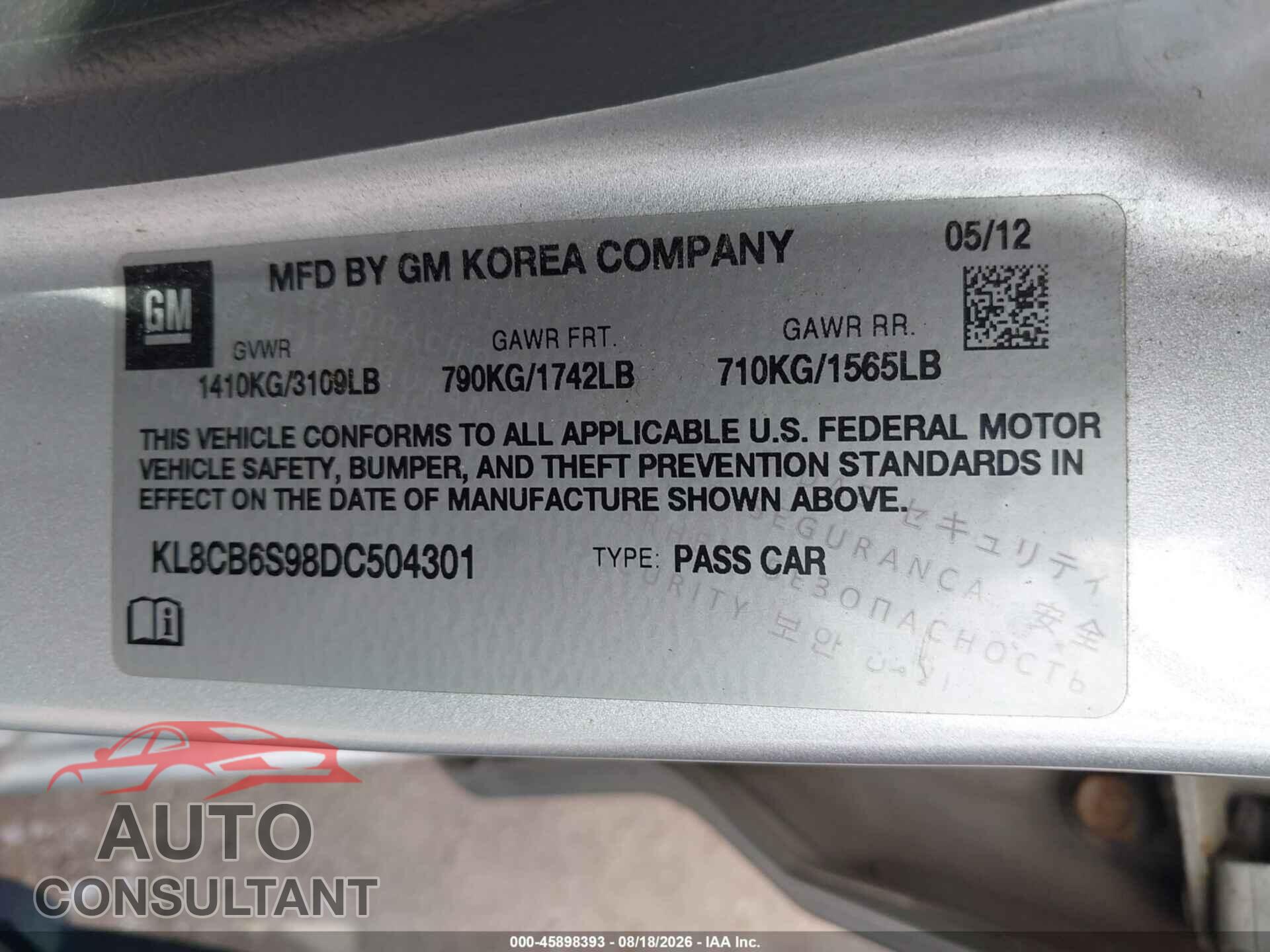 CHEVROLET SPARK 2013 - KL8CB6S98DC504301